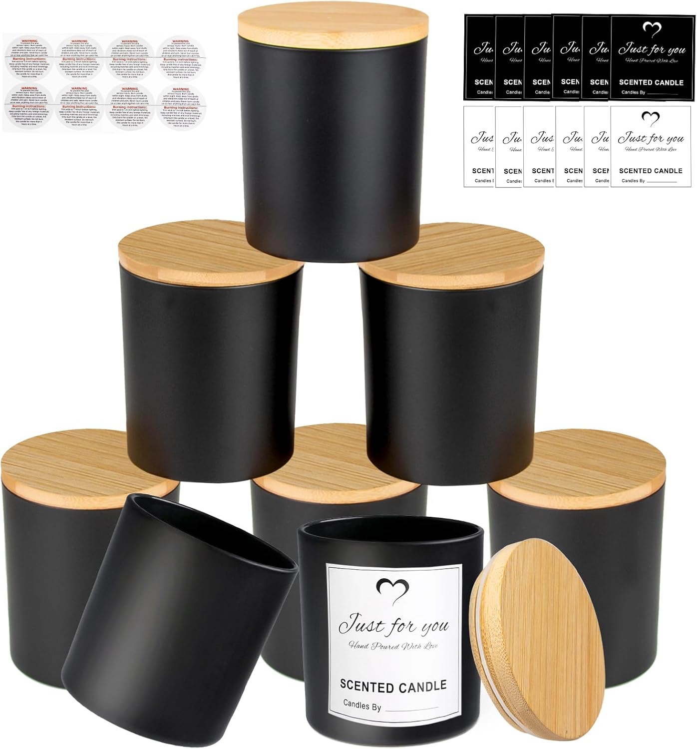 Best CONNOO 8 Pack Candle Jars, Special Black Glass Candle Jars with Bamboo Lids...