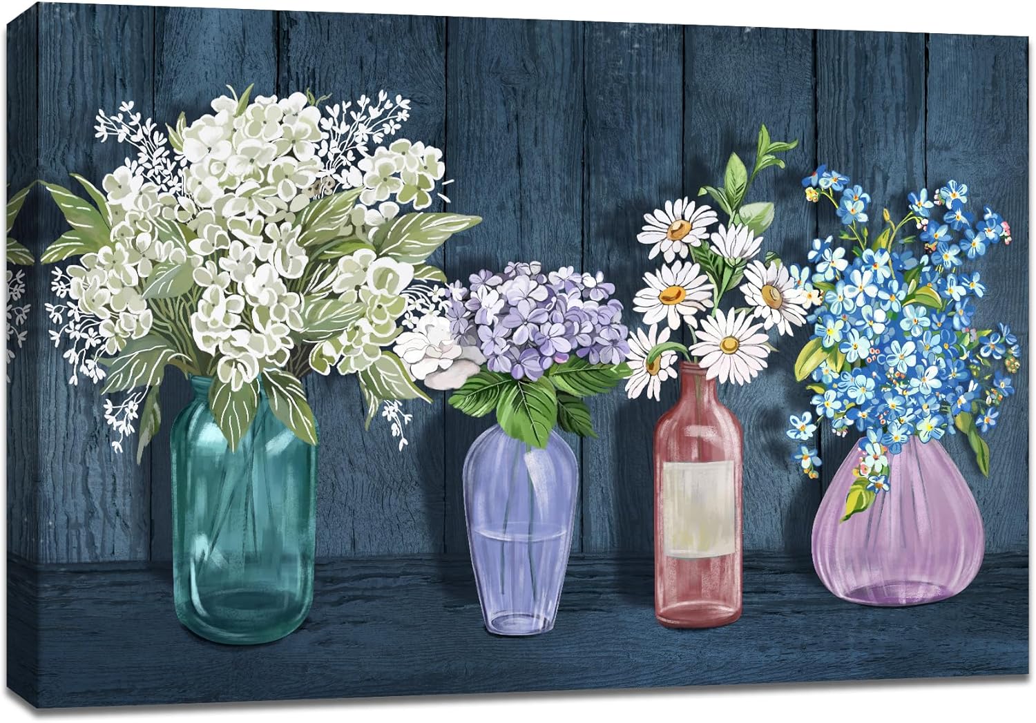 Best Wooden Framed Canvas Wall Art, Unique White Daisy Flowers in Blue Vase Canv...