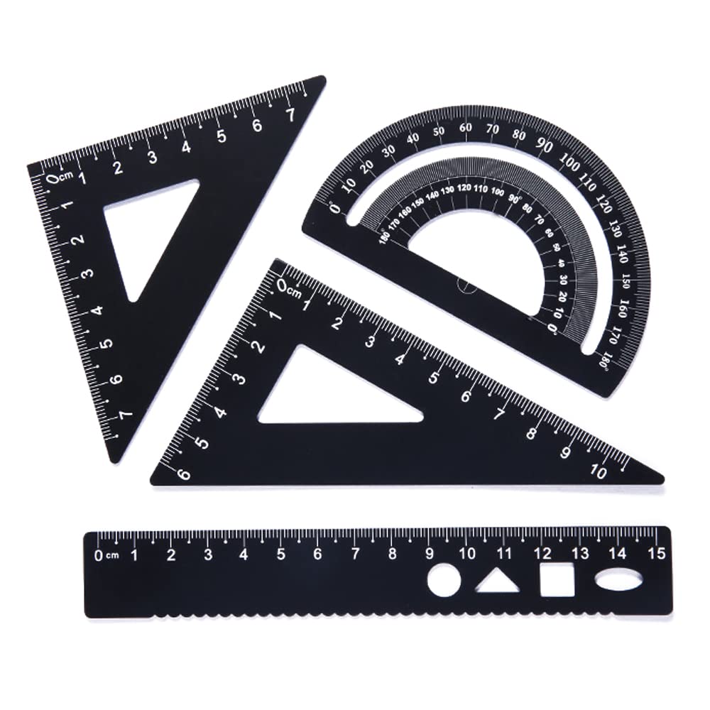 4 Piece Aluminum Alloy Ruler Set Black Straight Triangle Ruler Protractor Drafti...