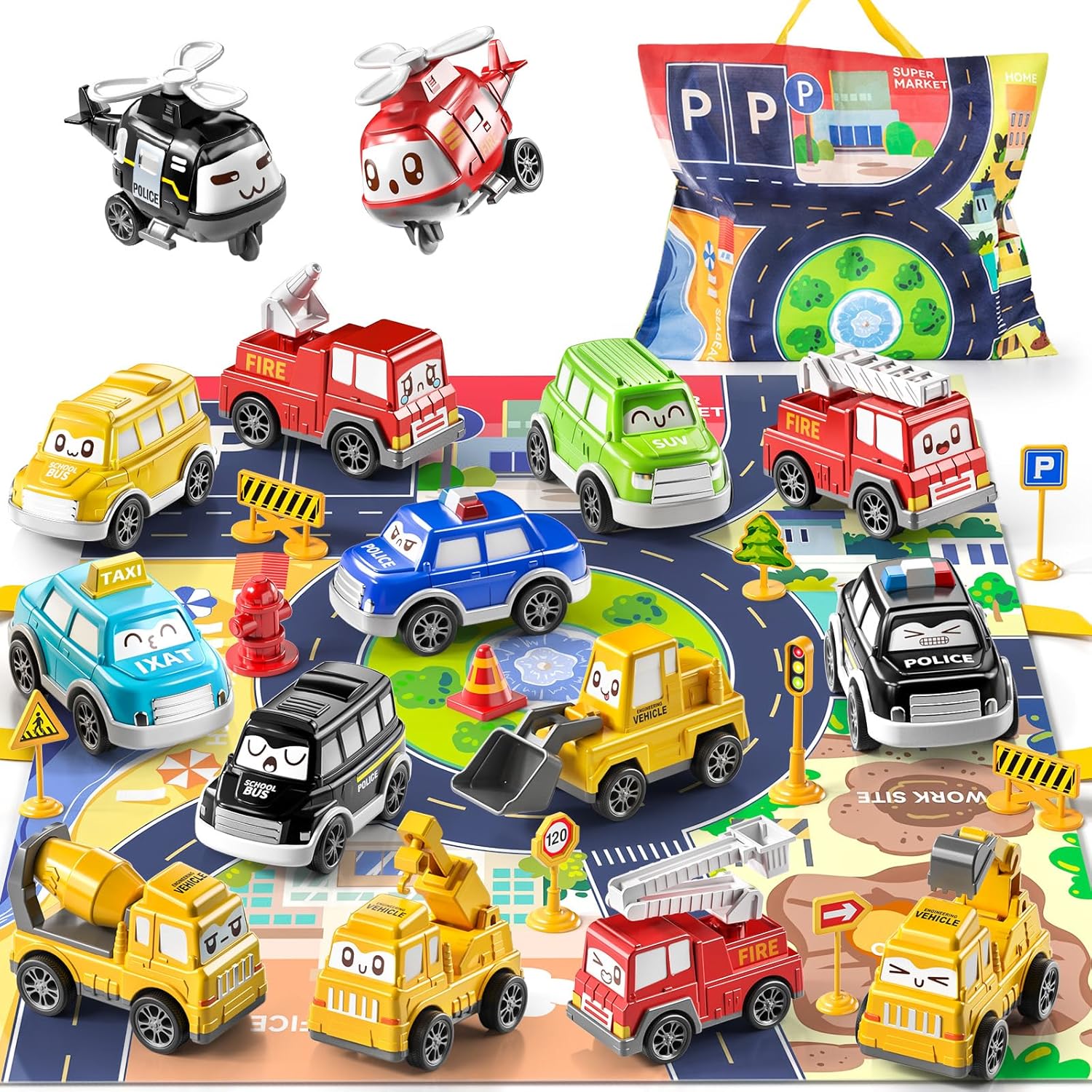 TEMI Baby Toddler Toys, 15 Pieces Baby Truck Car Toy with Play Mat/Storage Bag,...