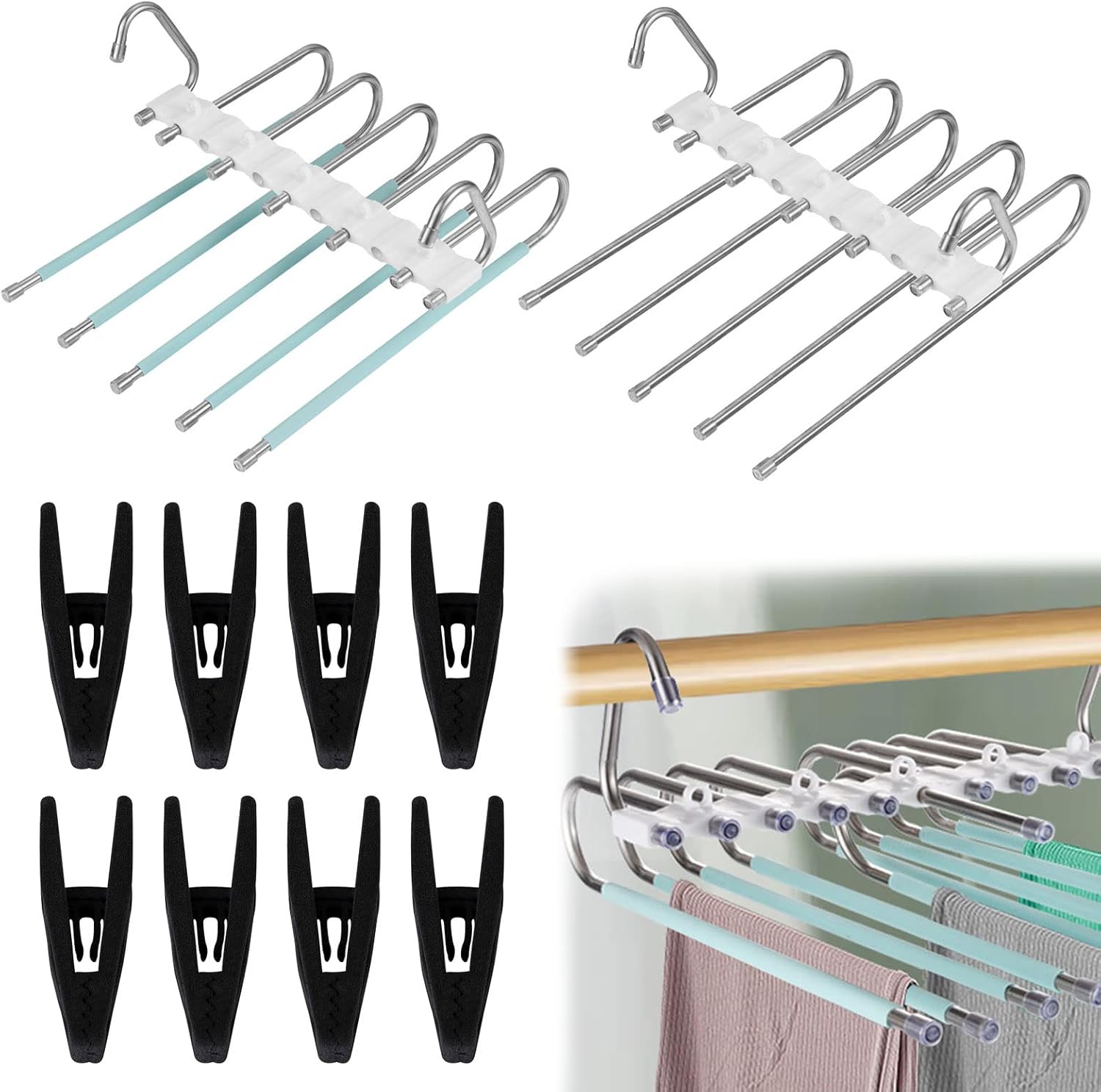 5 In 1 Trouser Hanger Space Saving, 2 PCS Non-Slip Multifunctional Pants Rack, S...