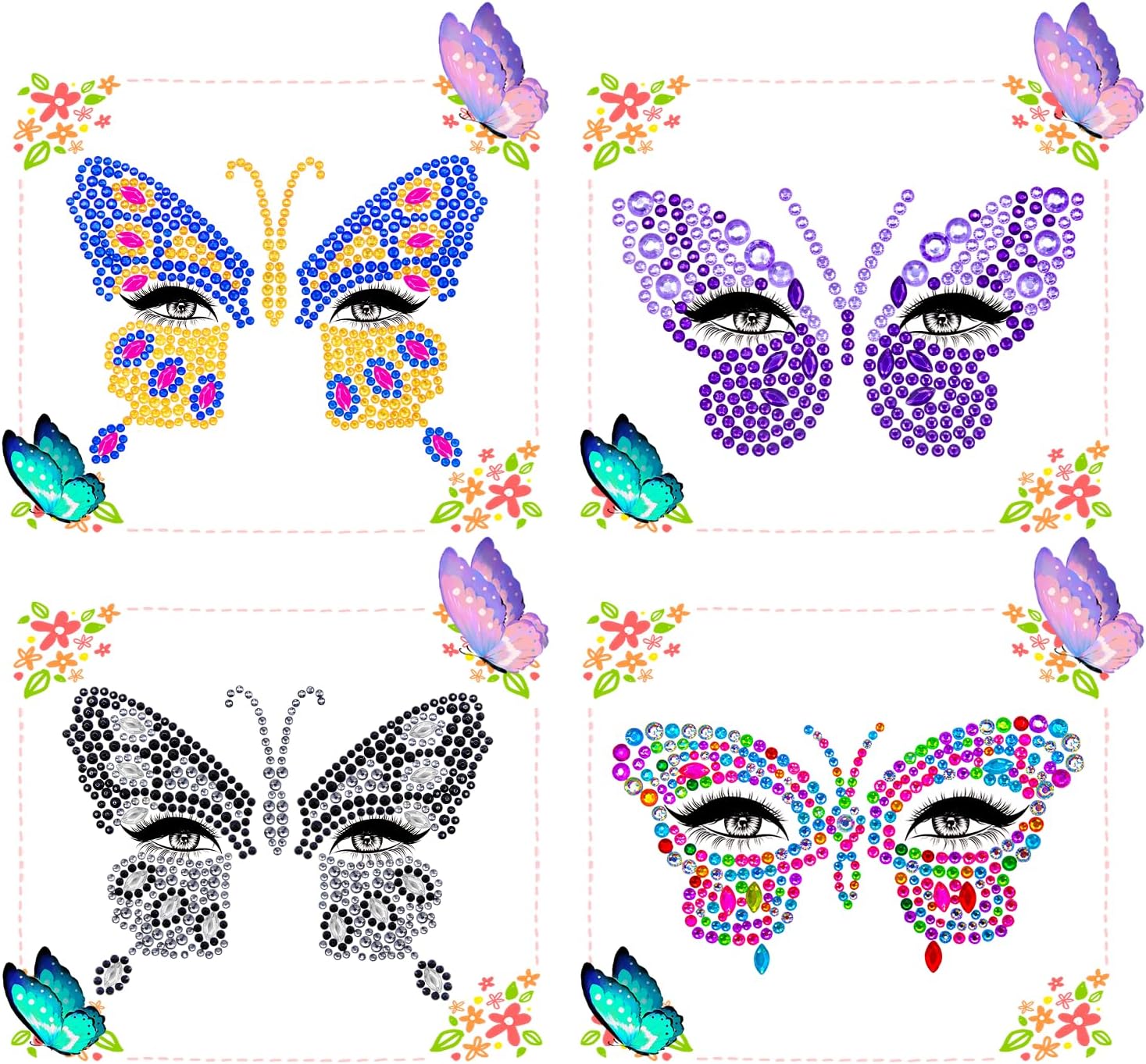4 Sheets Face Jewels, Face Gems for Festivals, Self-Adhesive Face Rhinestone Sti...