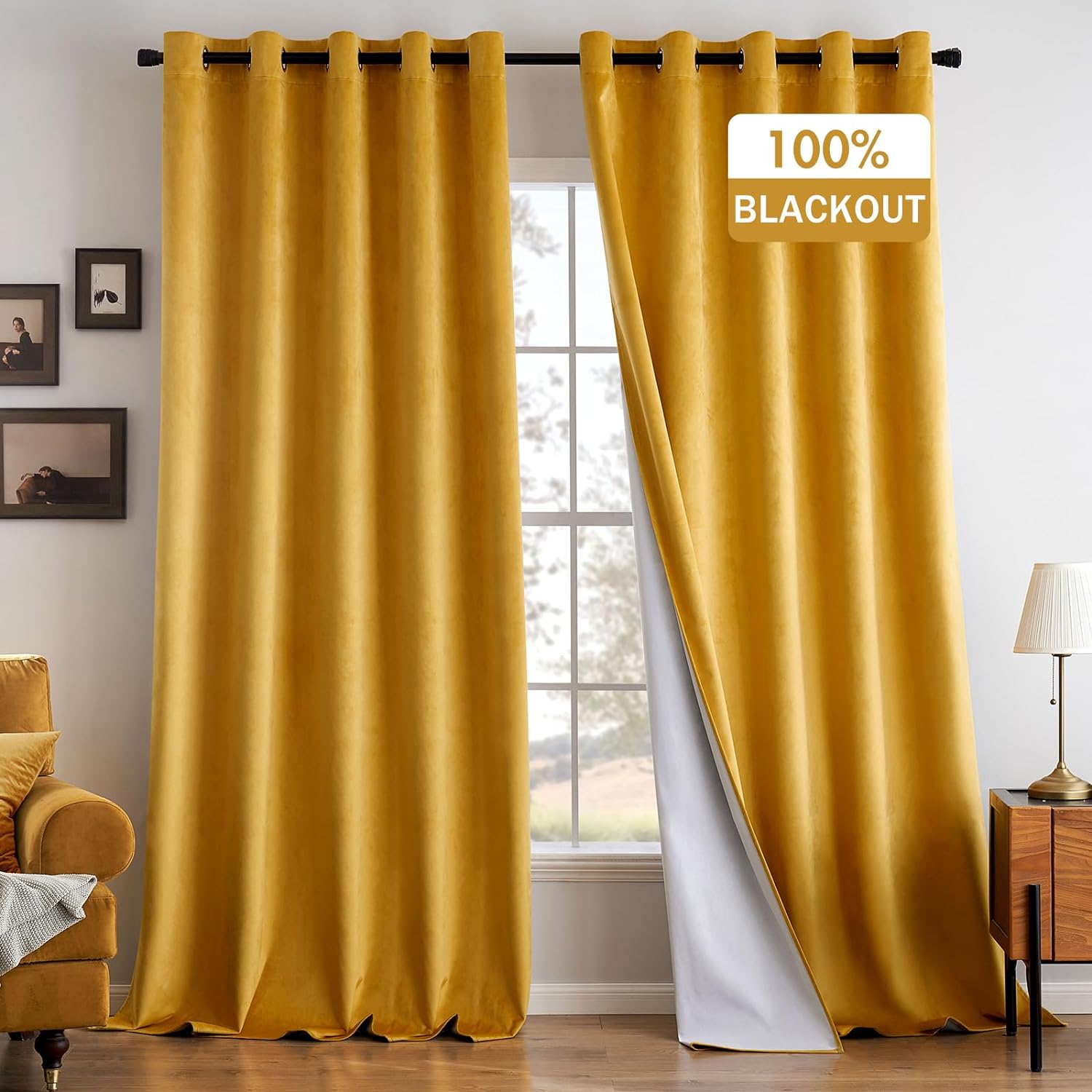 Woaboy 100% Blackout Velvet Mustard Curtains W66 x L90 for Living Room Luxury So...