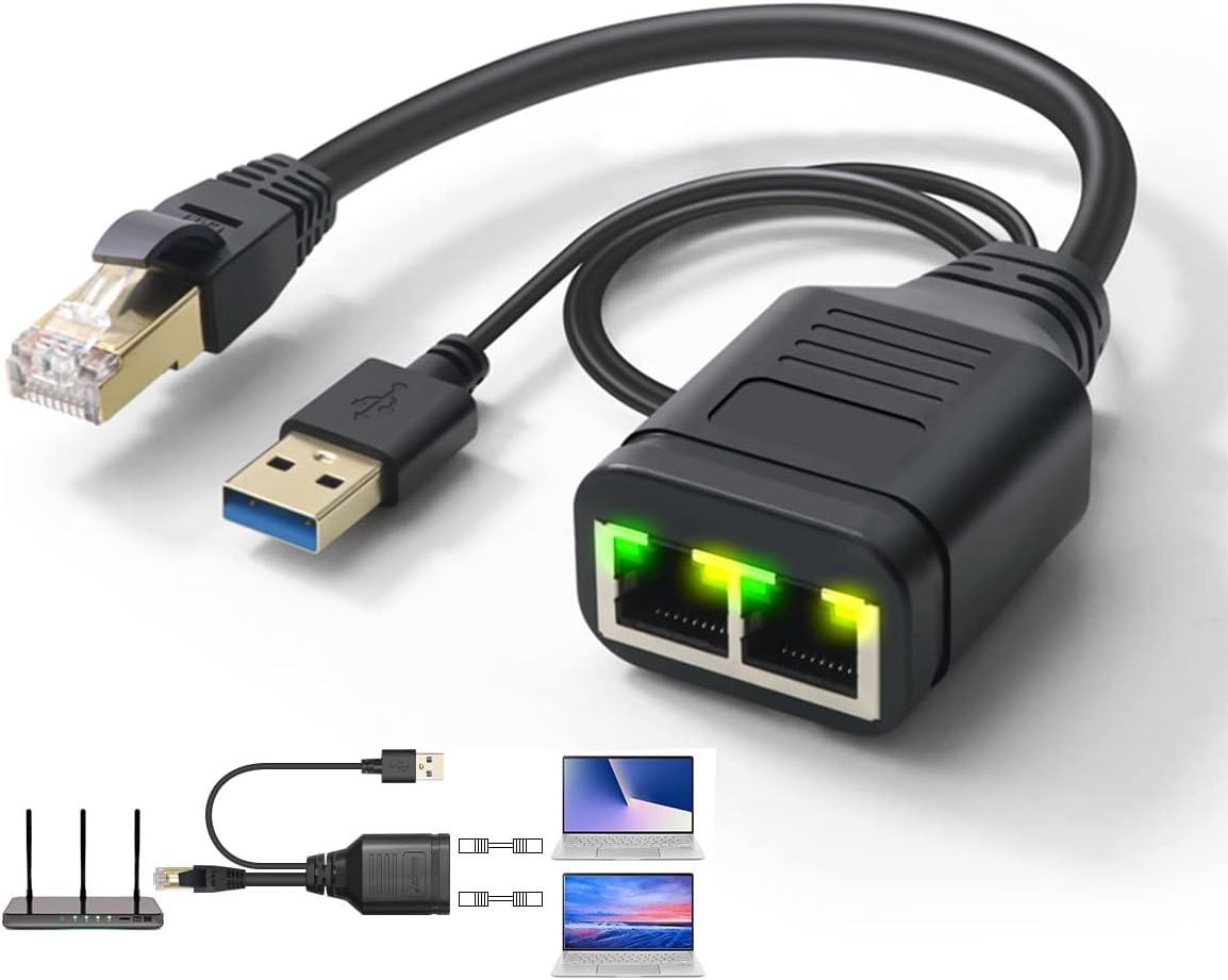 Ethernet Splitter 1 to 2 High Speed Ethernet Adapter, Internet Network LAN Split...