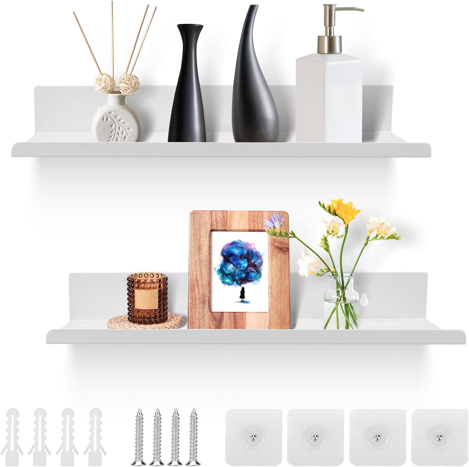 Kigniote White Wall Shelves 30 cm Set of 2,Floating Shelf Metal Self Adhesive Sh...