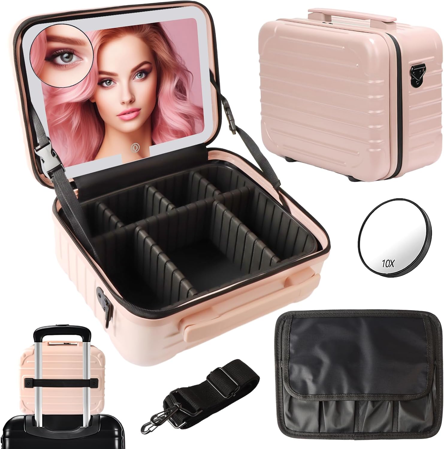 Travel Makeup Bag with LED Mirror, Portable Makeup Organiser Case with Mirror 3...