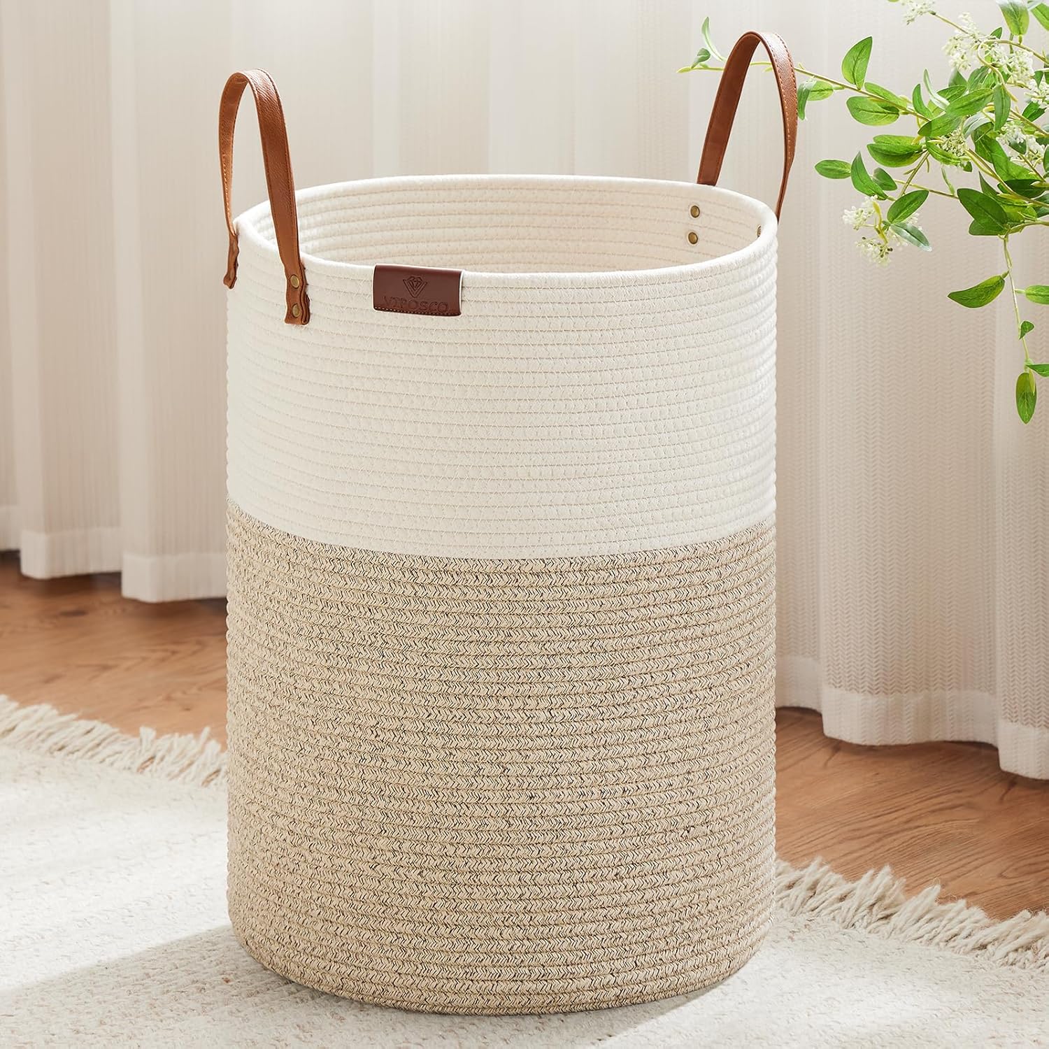 VIPOSCO Tall Laundry Basket, Large Dirty Clothes Hamper with Leather Handle, Wov...