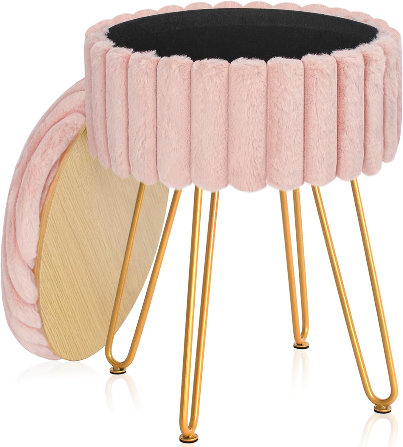 BQKOZFIN Round Vanity Stool Chair Faux Fur with Storage Space, Ottoman Footrest...