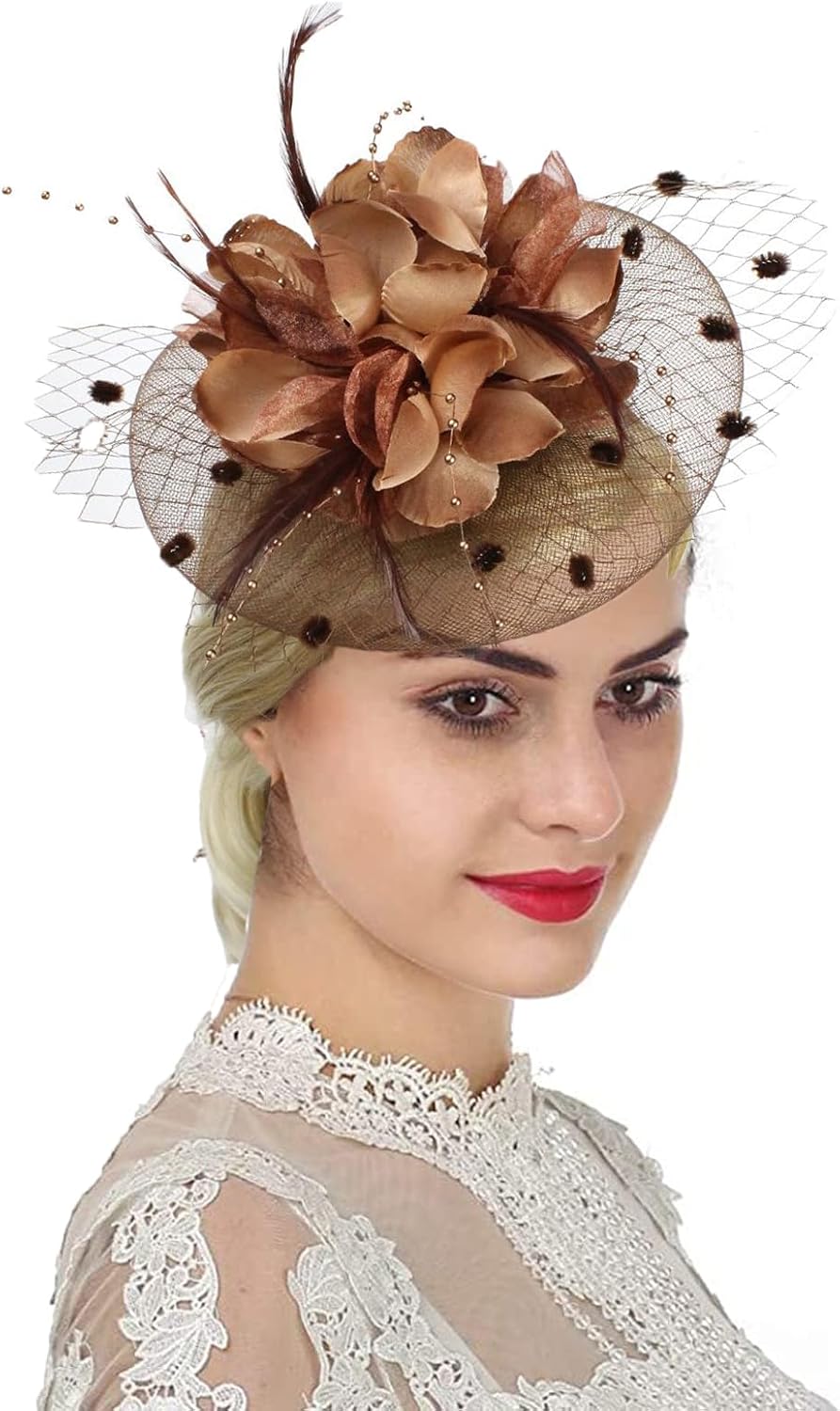 Women Fascinator Veil Hat Flower Feather Mesh Net Veil Bridal Dot Veil Headpiece...