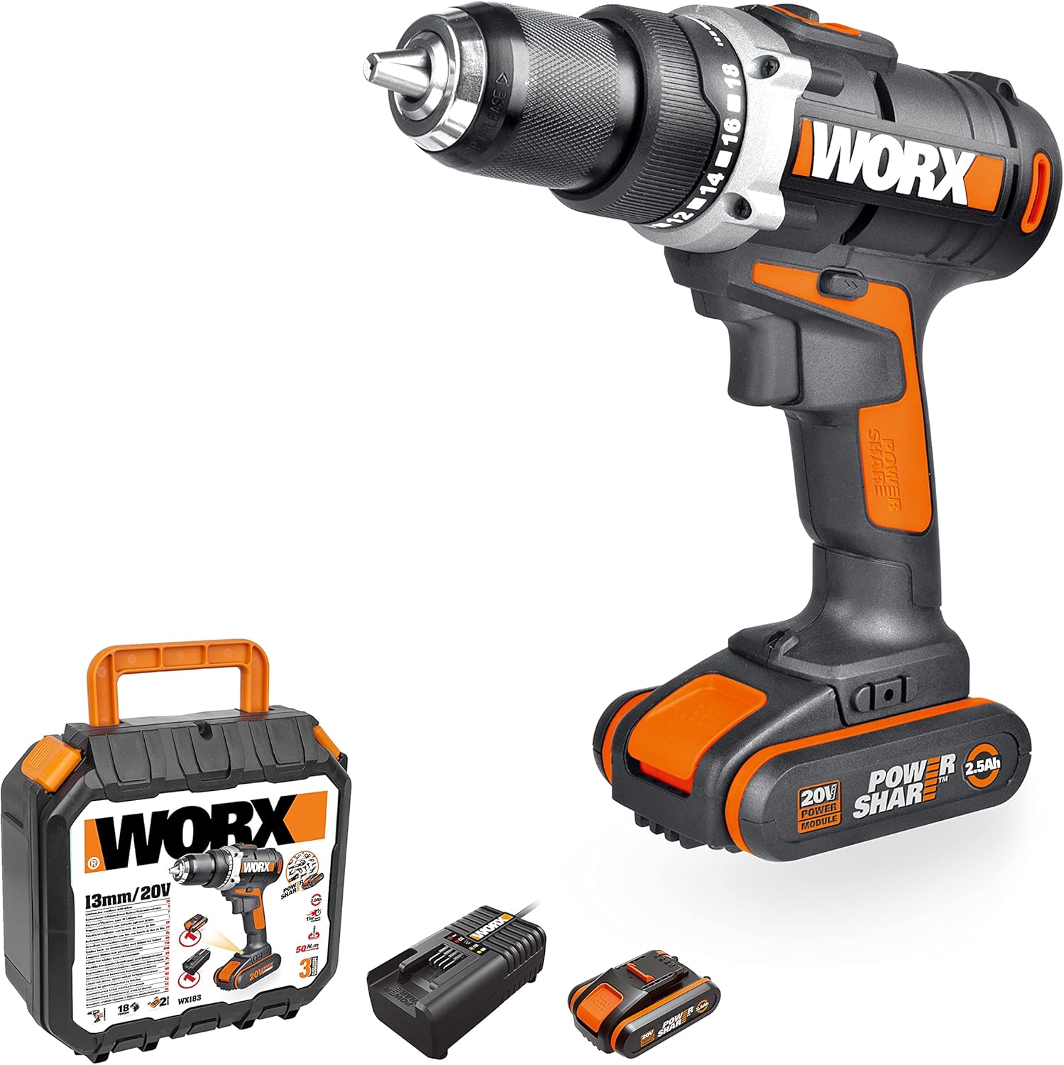 Worx 18V(20V MAX) Cordless Drill Driver WX183.2 Electric Drill, 2-Speed Control,...