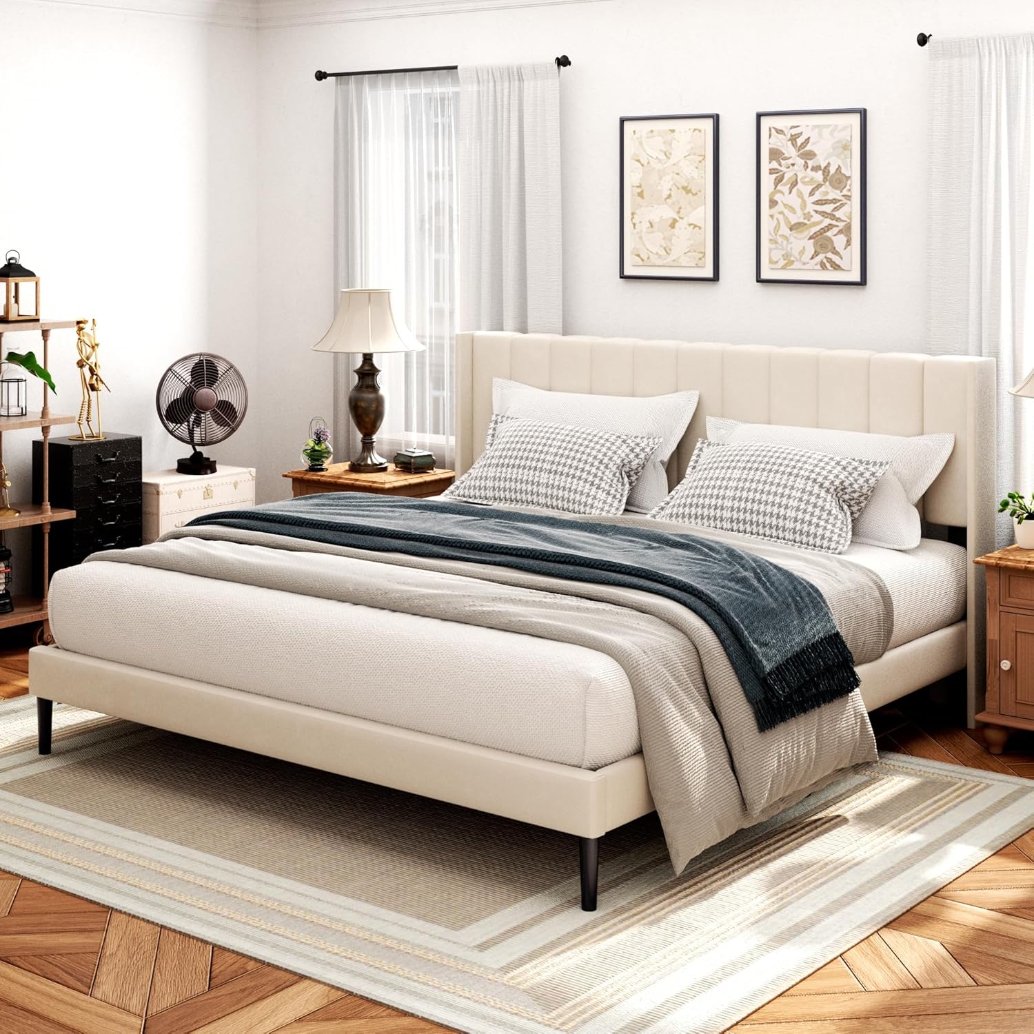 King Size Bed Frame and Headboard,Vertical Channel Tufted Wingback No Box Spring...