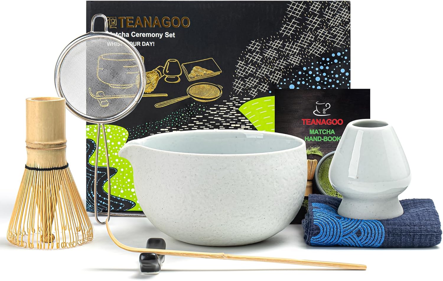 Japanese Tea Set (7pcs) Matcha Whisk Matcha Bowl with Pouring Spout Bamboo Match...