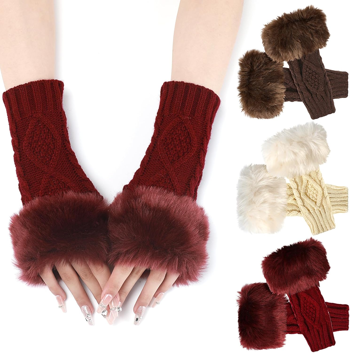 PHOGARY 3 Pairs Winter Fingerless Gloves Arm Warmers for Women, Warm Knitted Mit...