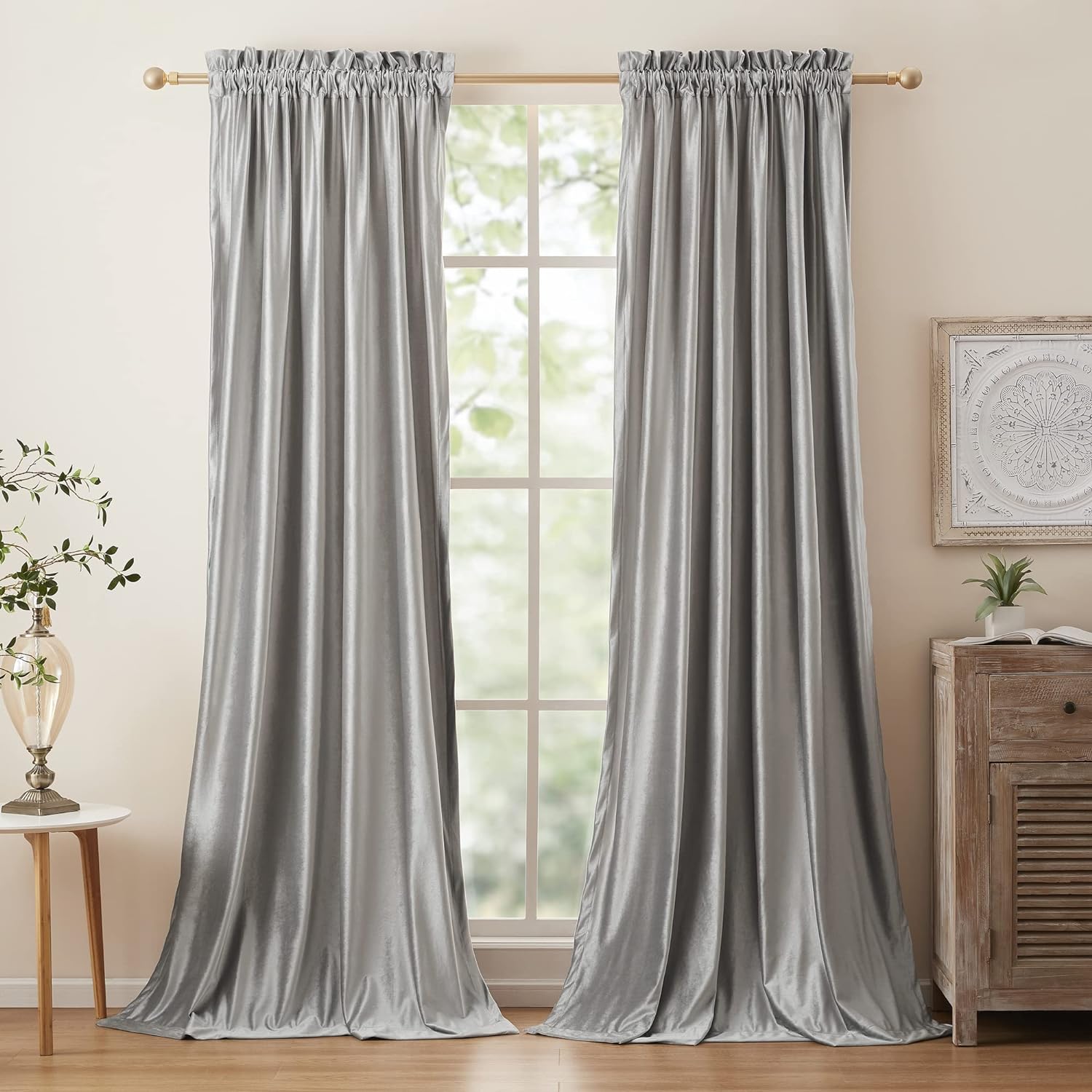 PRIMROSE Silver Curtains 72 inch for Living Room Velvet Blackout Rod Pocket Wind...