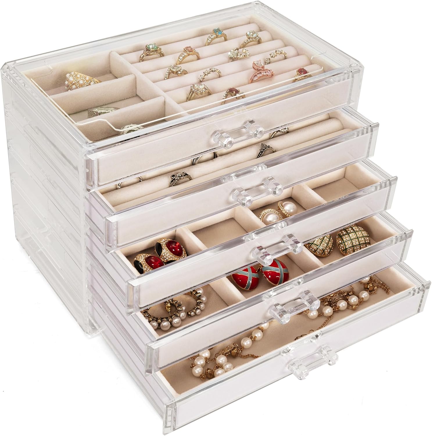 BQKOZFIN Acrylic Jewellery Box with 5 Velvet Drawers, Clear Jewellery Storage Or...
