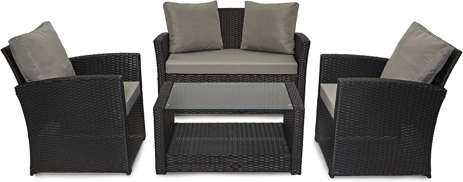 EVRE Black 4 Seater Rattan Garden Conservatory Patio Furniture Sofa Armchair Rom...
