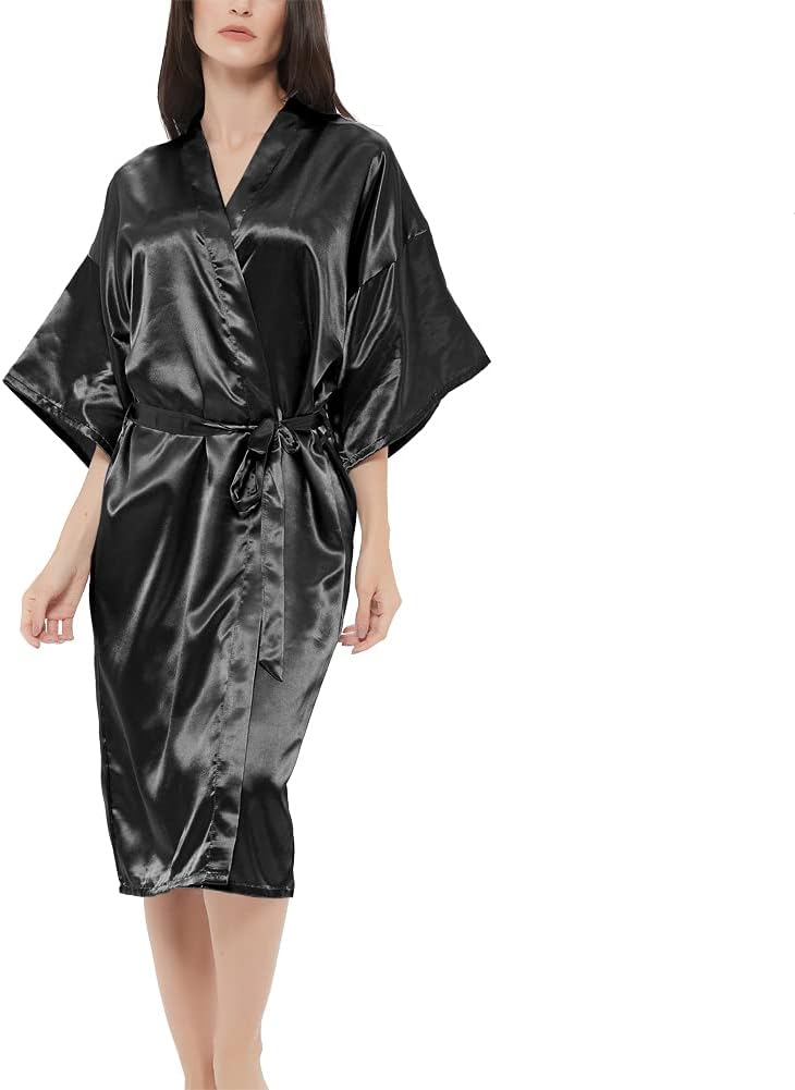 Women's Satin Rose Print Kimono Robe Premium Peacock Bridesmaid Bridal Dressing...