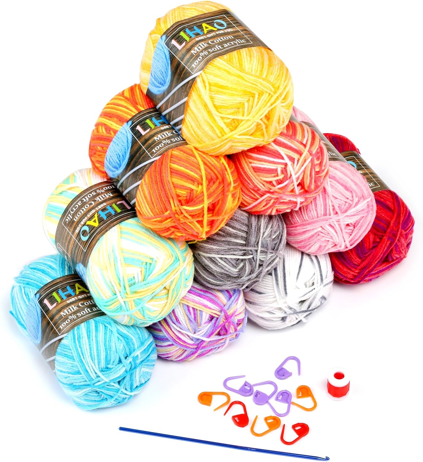 LIHAO 10 x 50g Crochet Yarn Multi-Coloured Acrylic Cotton Wool Knitting Yarn Set...