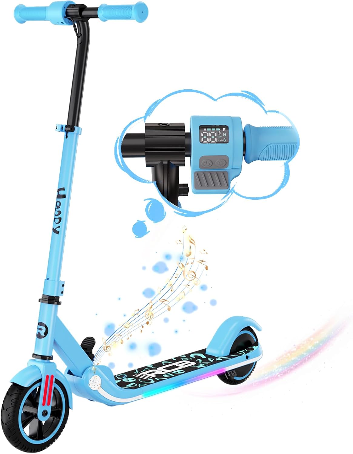 RCB Electric Scooter for Kids, 150W Motor - Max 9.3mph - Bluetooth Speaker - Col...