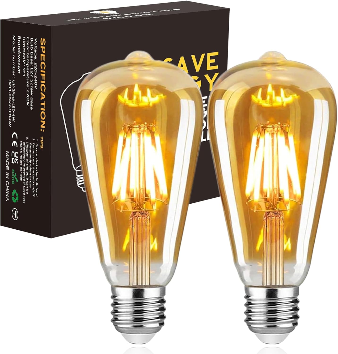 Woowtt Vintage Light Bulbs E27 Screw, 6W Led Edison Bulb Dimmbale Edison Filamen...