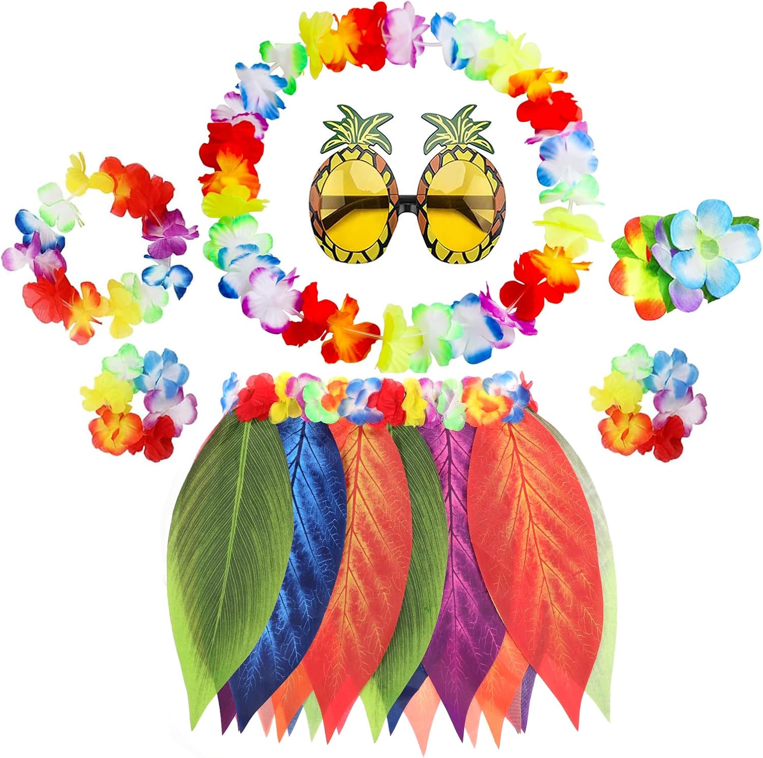 PHOGARY 7 Pieces Hawaiian Flower Leaf Hula Skirt Costume Accessory Kit, Hawaiian...