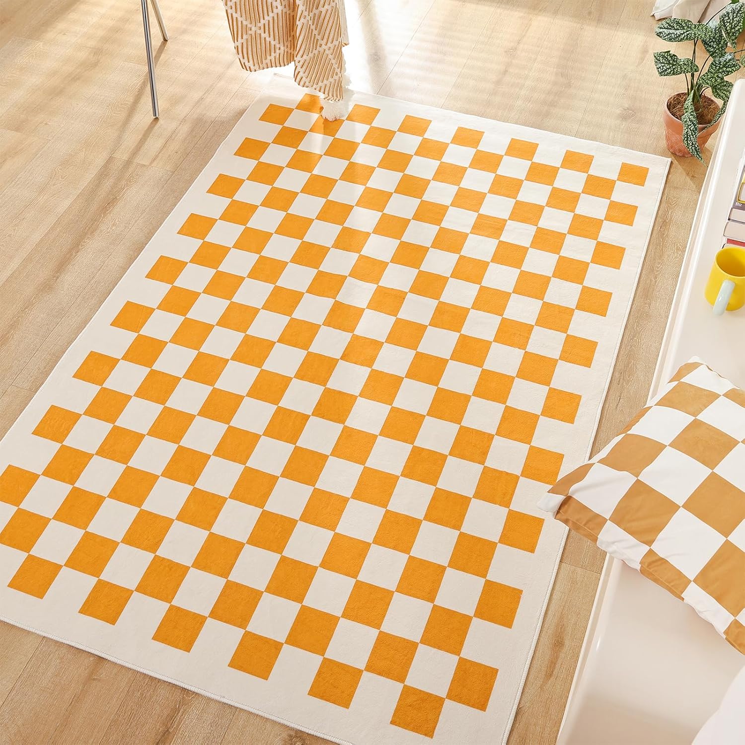 TRUEDAYS Washable Rug for Home Decor 4x6 Orange Checkered Rug Square Soft Area R...