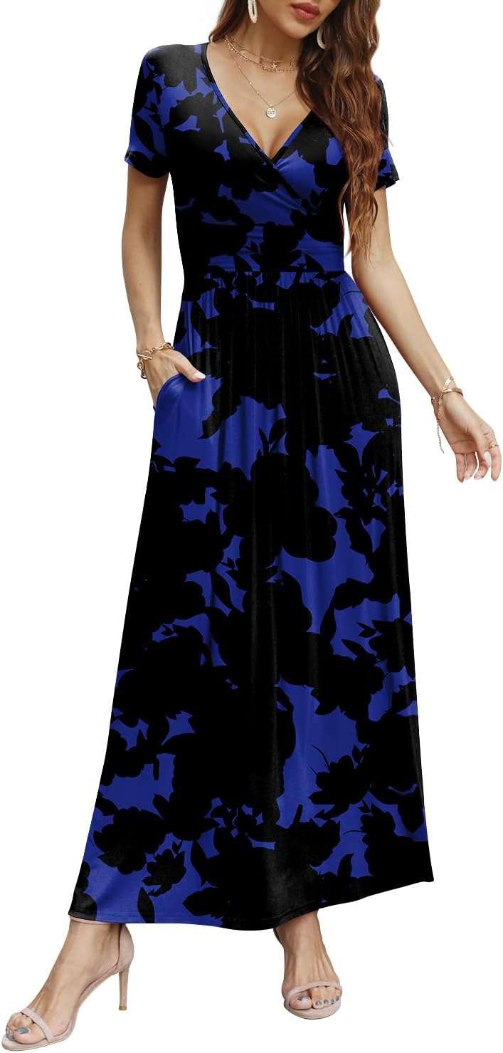 CATHY Women Short Sleeve Deep V-neck Casual Long Dress Pleated Waist Maxi Dresse...