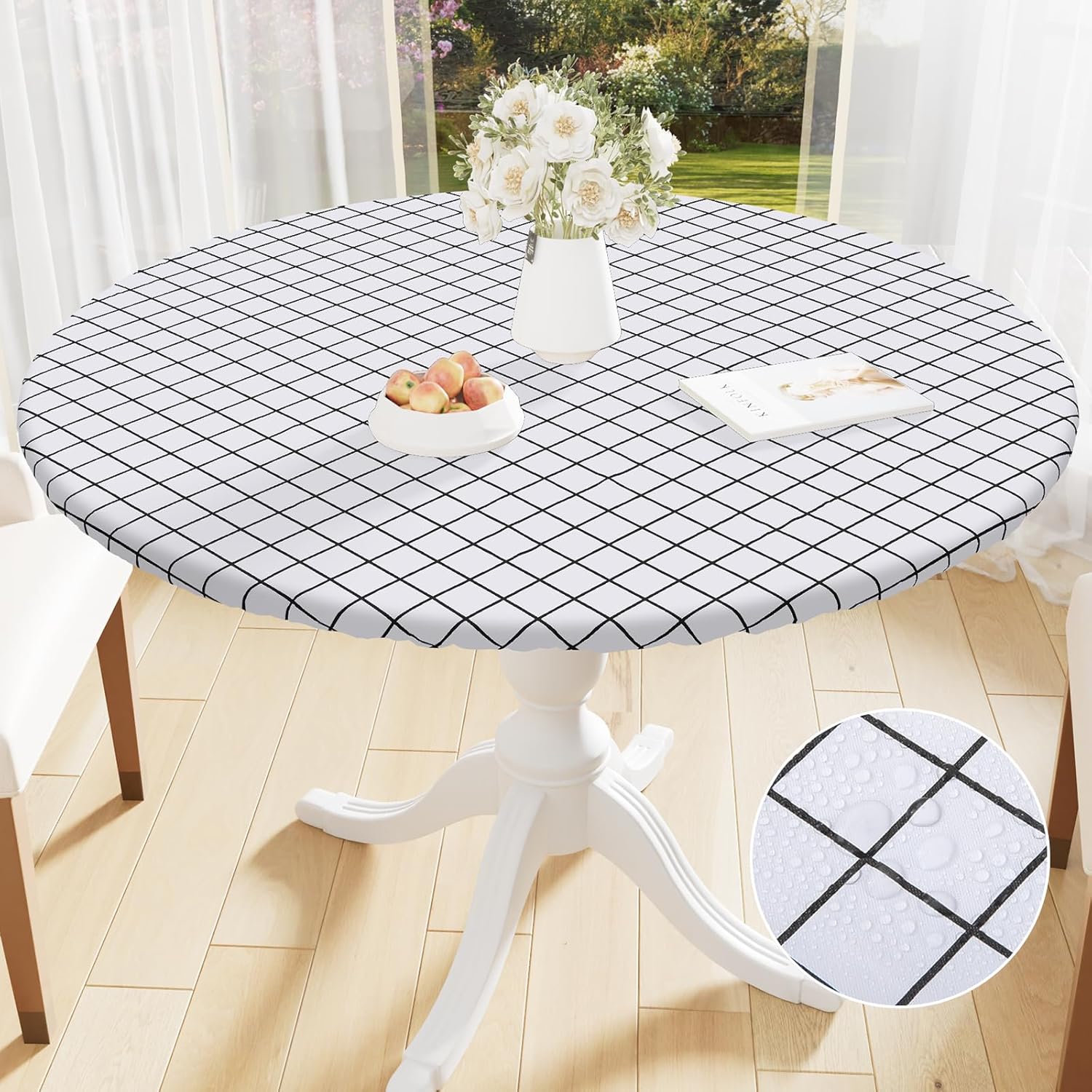 Round Table Cloth Cover, Elastic Fitted Flannel Backed Plastic Table Covers for...