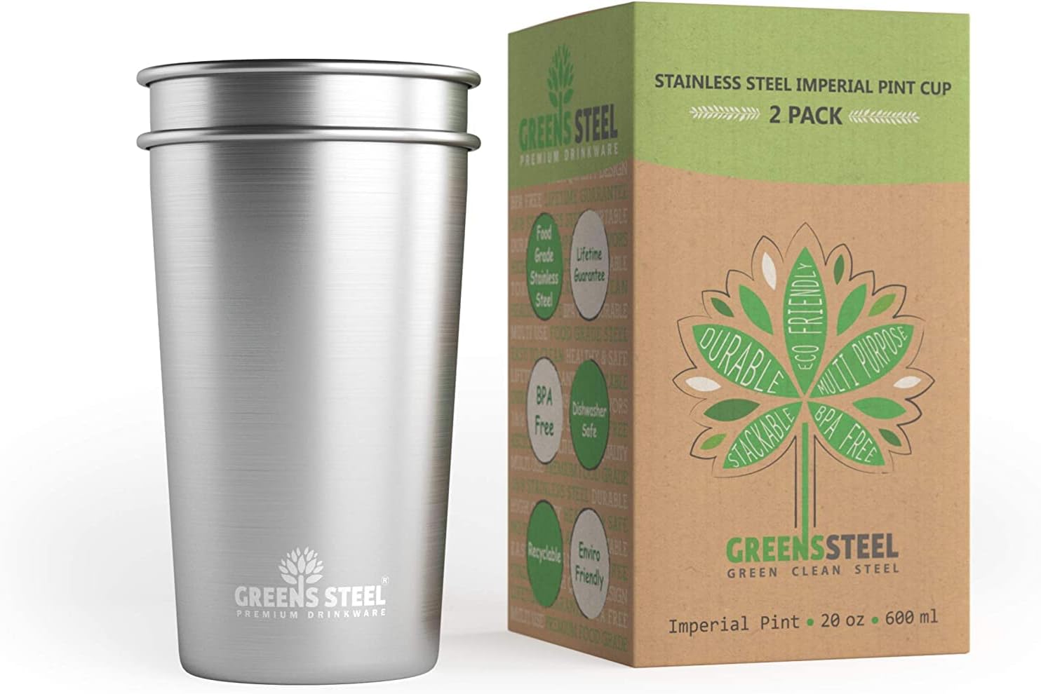 Greens Steel 20.2 Fluid Ounce Green Stainless Steel Tumbler (2 Pack) 20 oz - Ste...