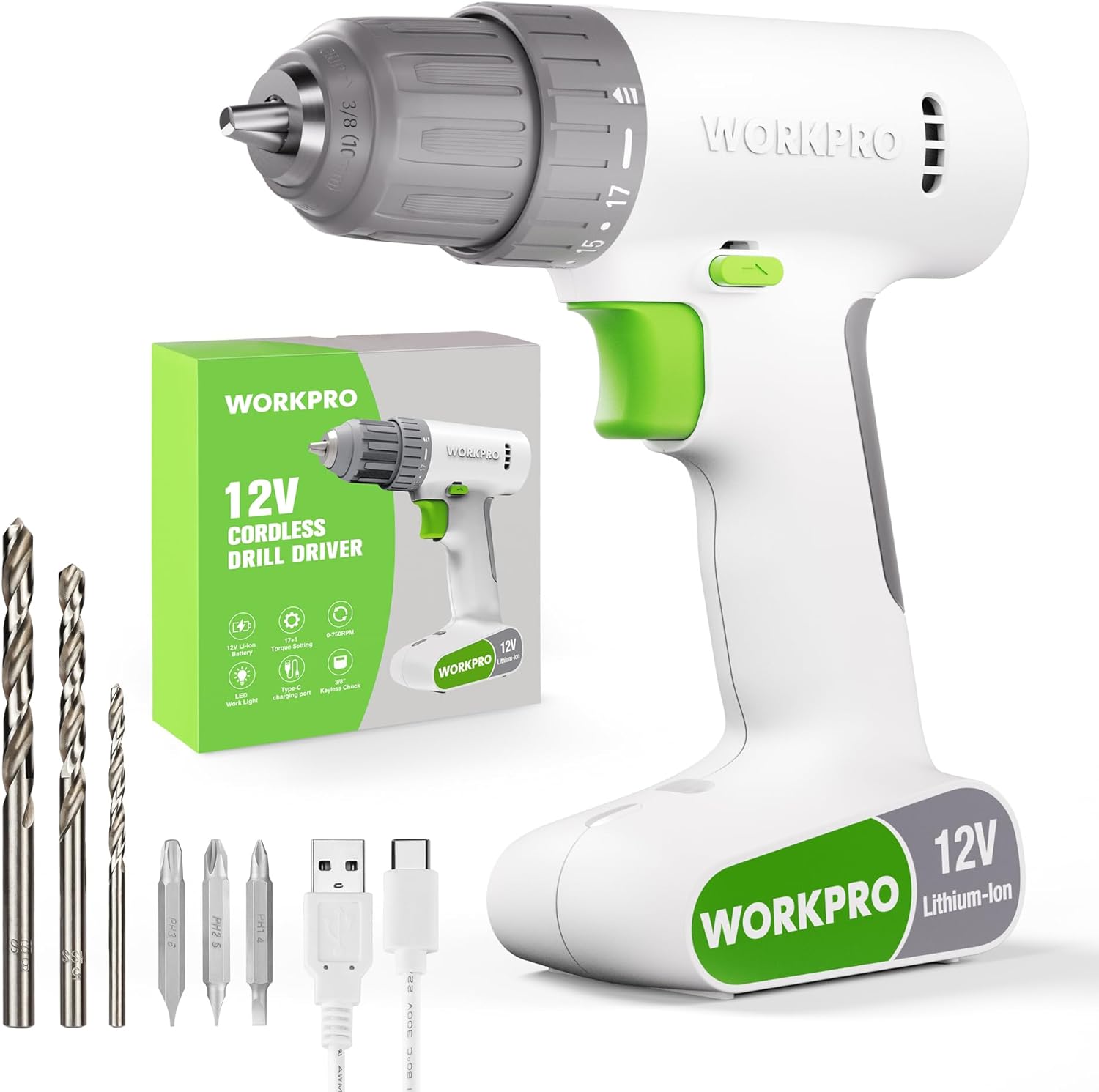 WORKPRO 12V Cordless Drill Driver with Battery 150...
