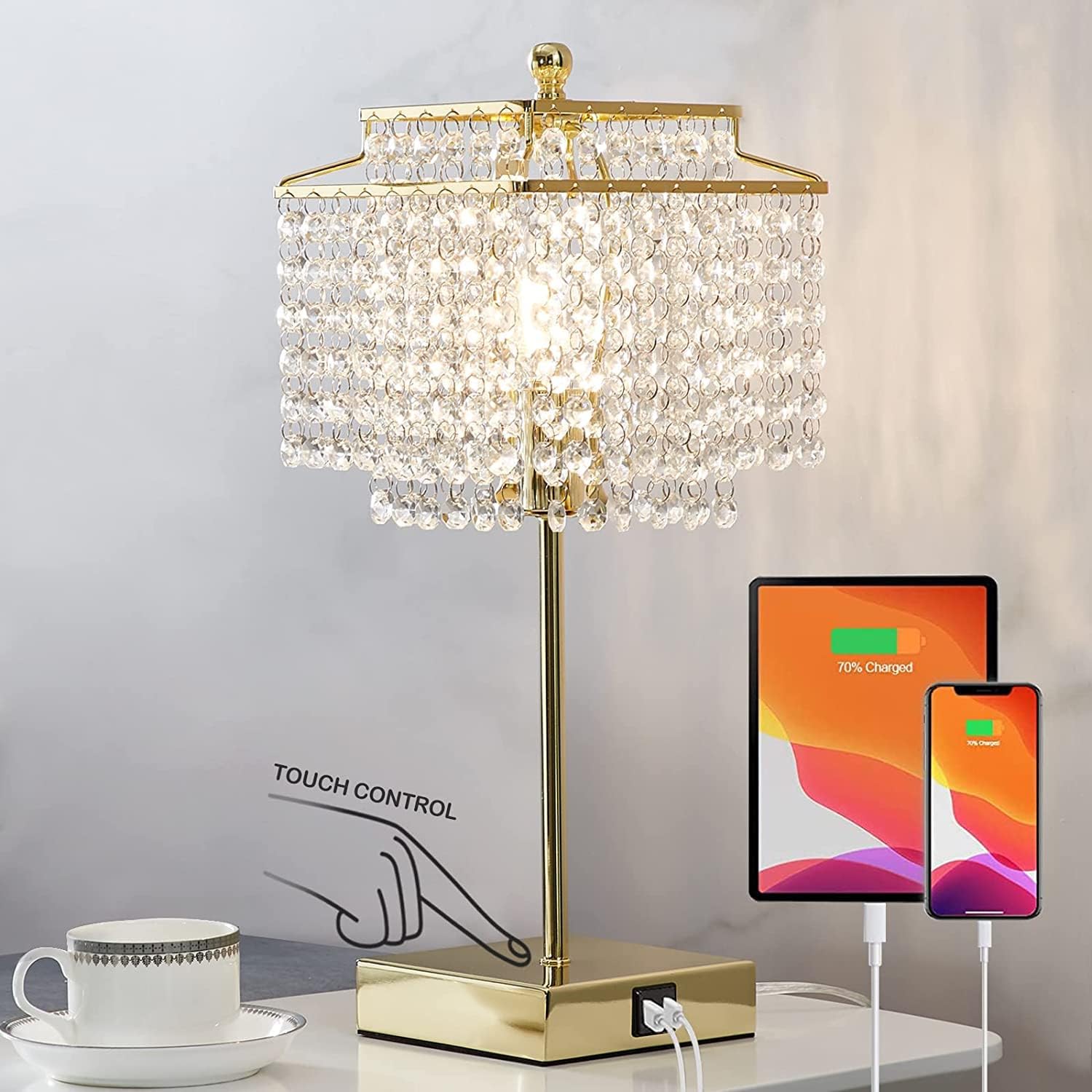 Luvkczc USB Bedside Crystal Table Lamp Gold, Touch Control Lamp, 3-Way Dimmable...