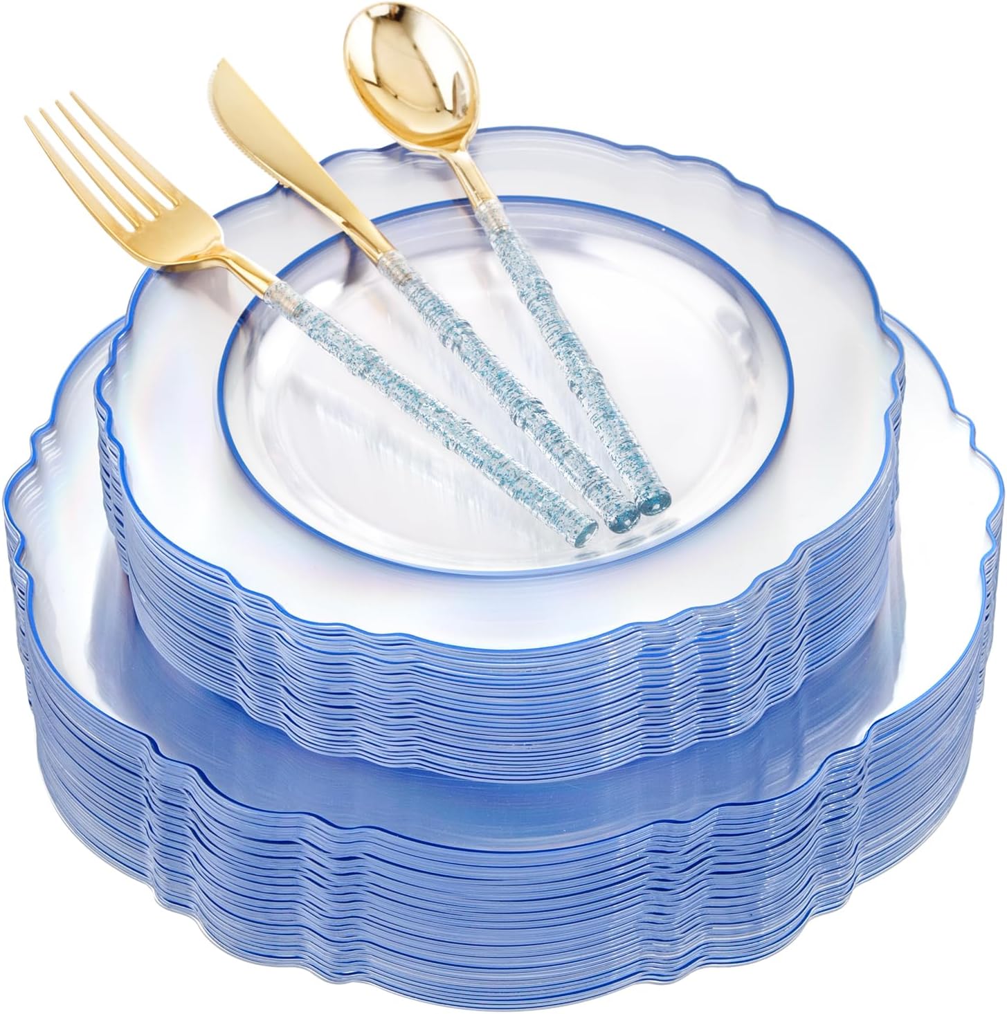 Liacere 150PCS Clear Blue Plastic Plates - Clear Blue Disposable Plates with Gli...