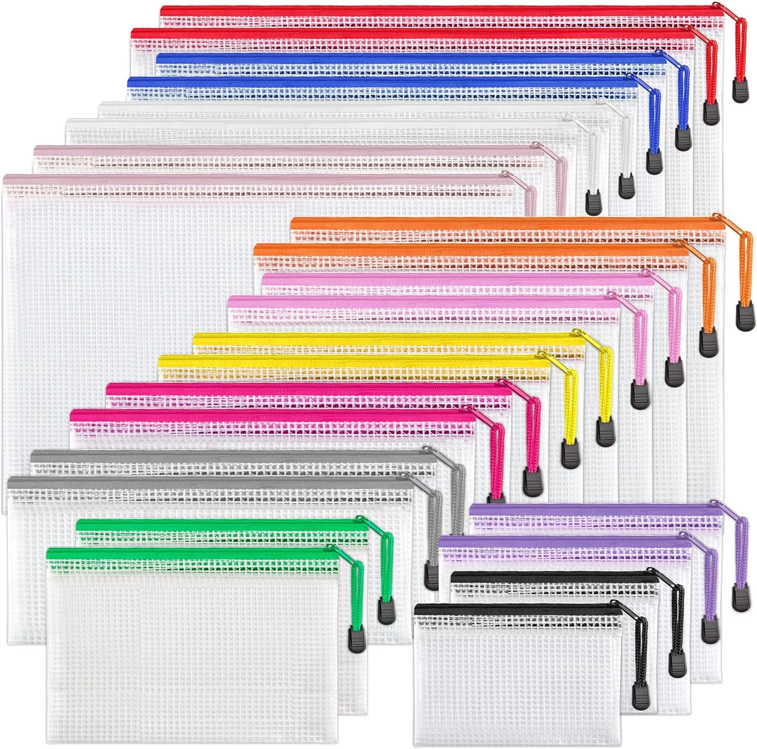 JARLINK 24pcs Mesh Zipper Pouch 12 Colors, 8 Sizes Waterproof Zipper Bags for Bo...