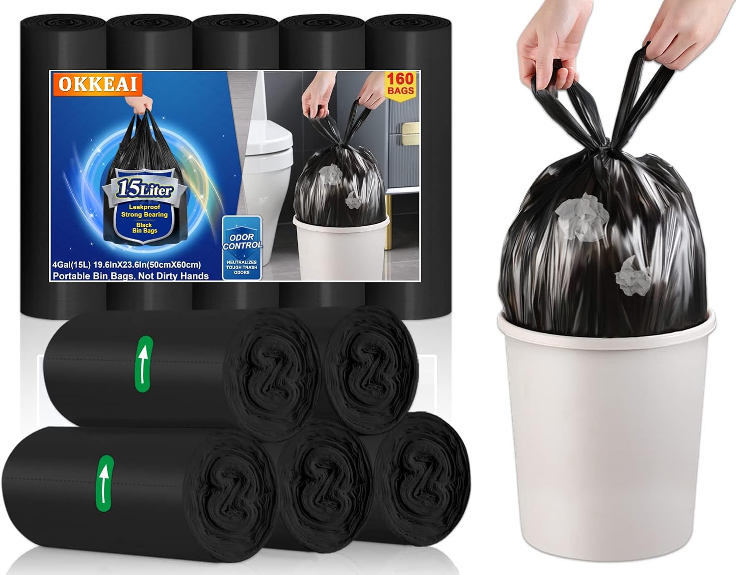 15l Bin Bags Small Black Bin Liners with Tie Handle160 Counts Mini Garbage Bags...