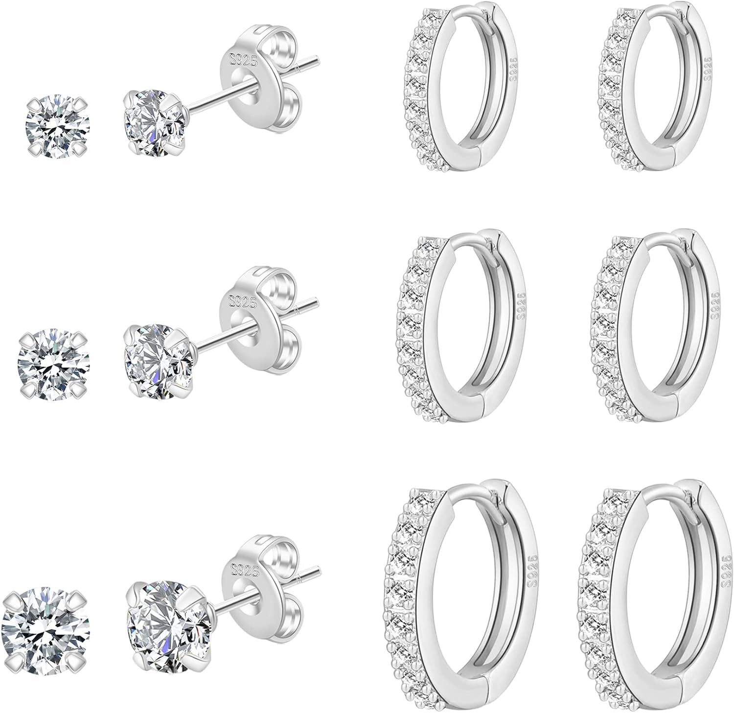 PRETOLE 6/8 Pairs Sterling Silver Stud Earrings for Women,14K Gold Plated Tiny S...