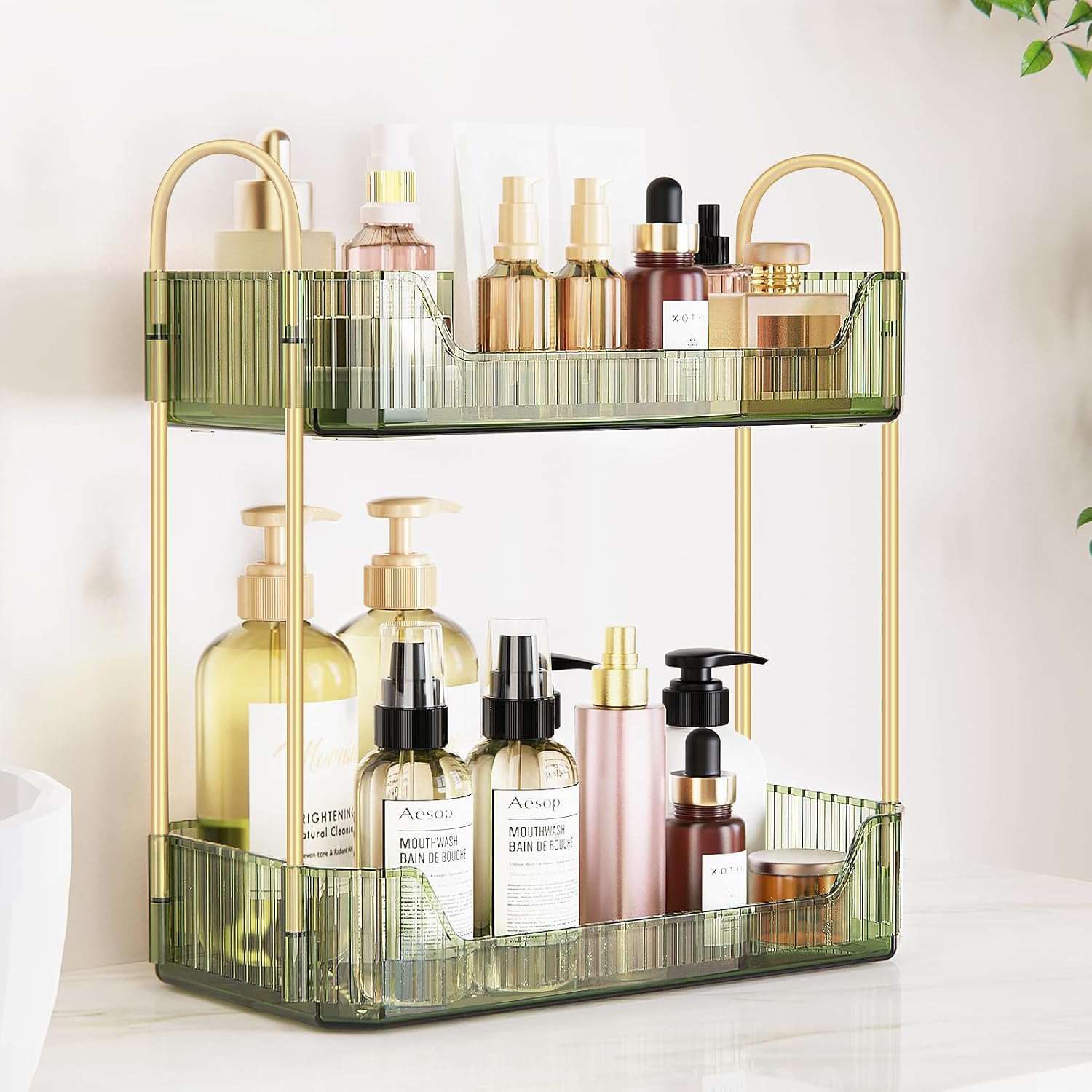 SOLEJAZZ 2-Tier vanity tray, countertop organizer, cosmetic tray for Dresser, Be...