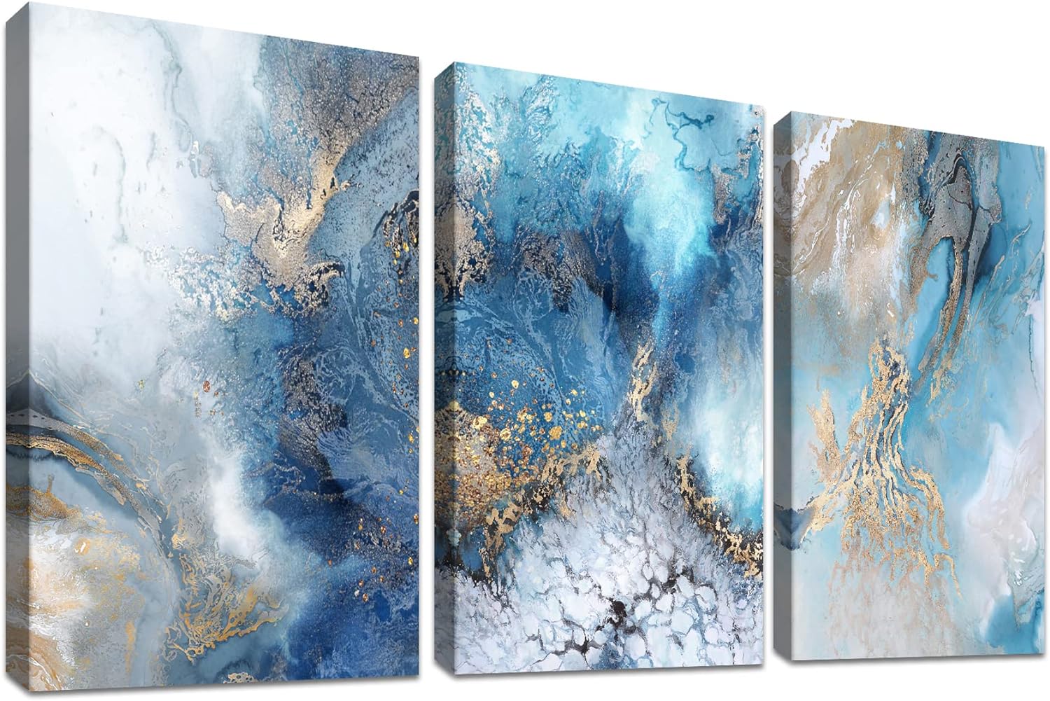 3 Panels Wooden Framed Gold Teal Ocean Canvas Wall Art Canvas Print Abstract Cra...