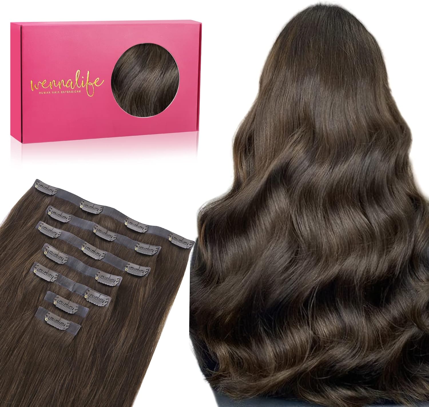 WENNALIFE Seamless Clip In Hair Extensions, 14 Inch 7pcs 130g Light Dark Brown H...