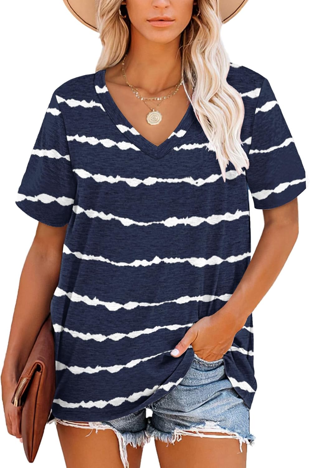 MOLERANI T Shirts for Women Short Sleeve V Neck Striped Summer Tops Casual Loose...
