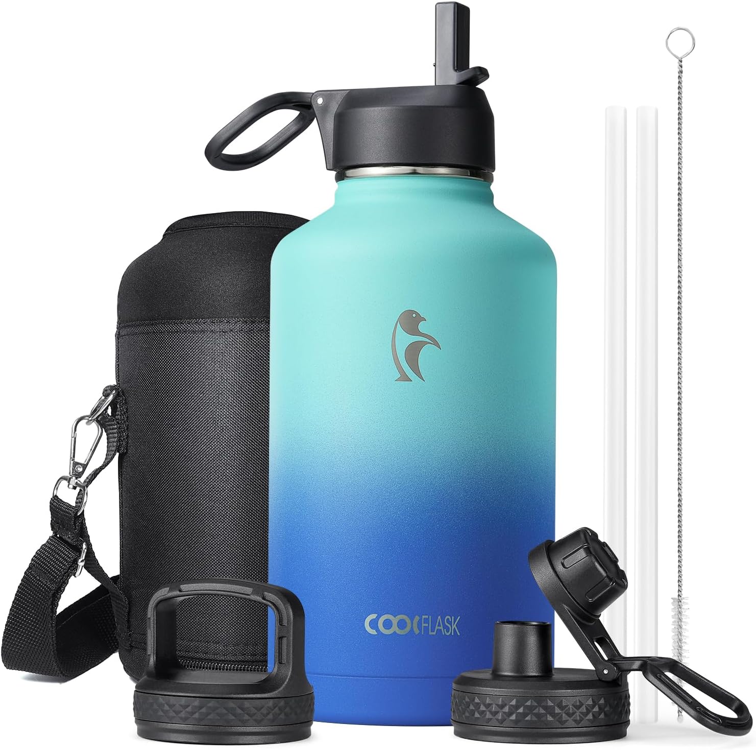 Insulated Water Bottle 2L, Coolflask Water Bottle with Straw & 3 Lids, Stainless...