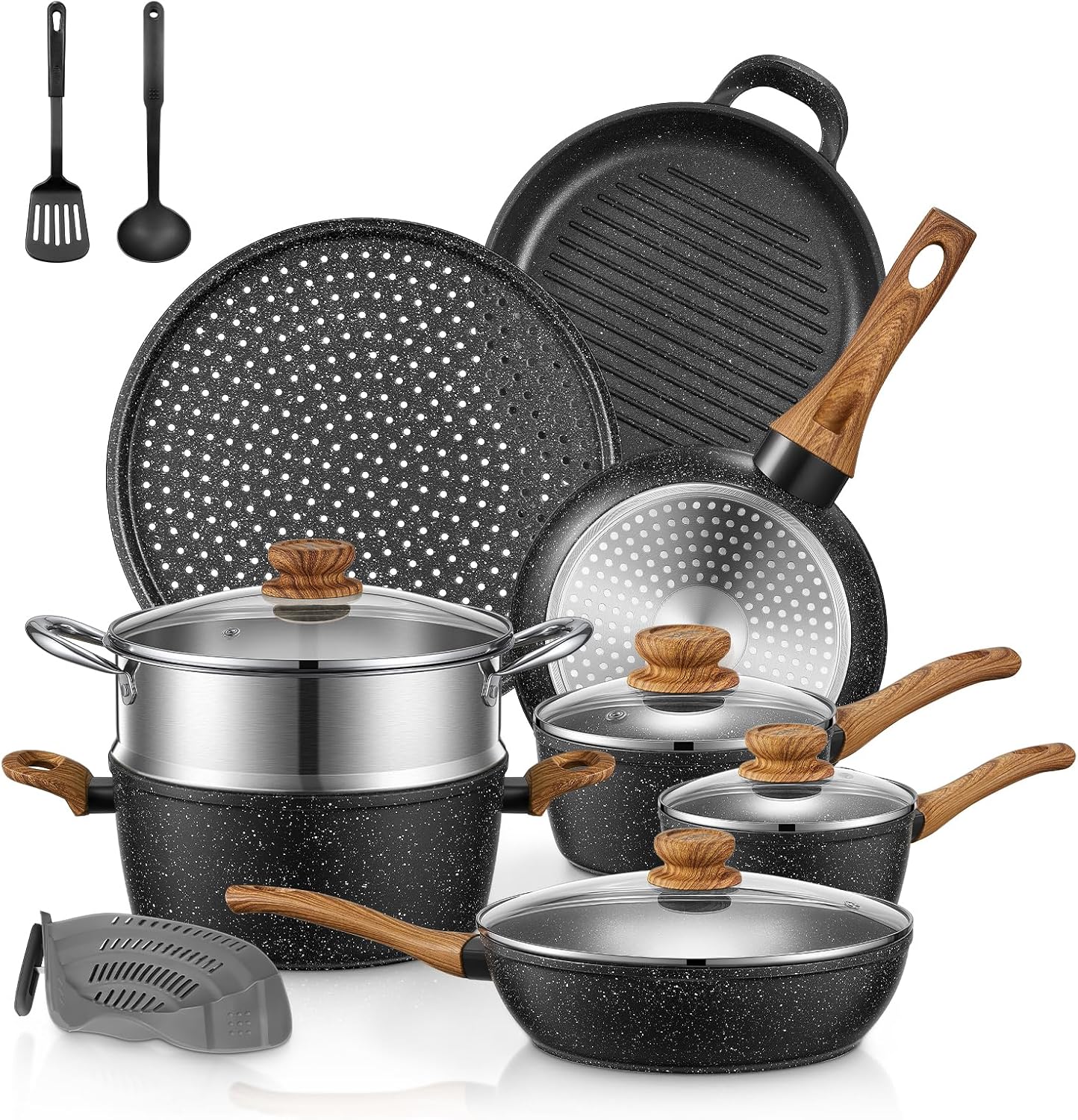 FOHERE Pots and Pans Set with Lids 15 PCS, Aluminum Nonstick Induction Cookware...