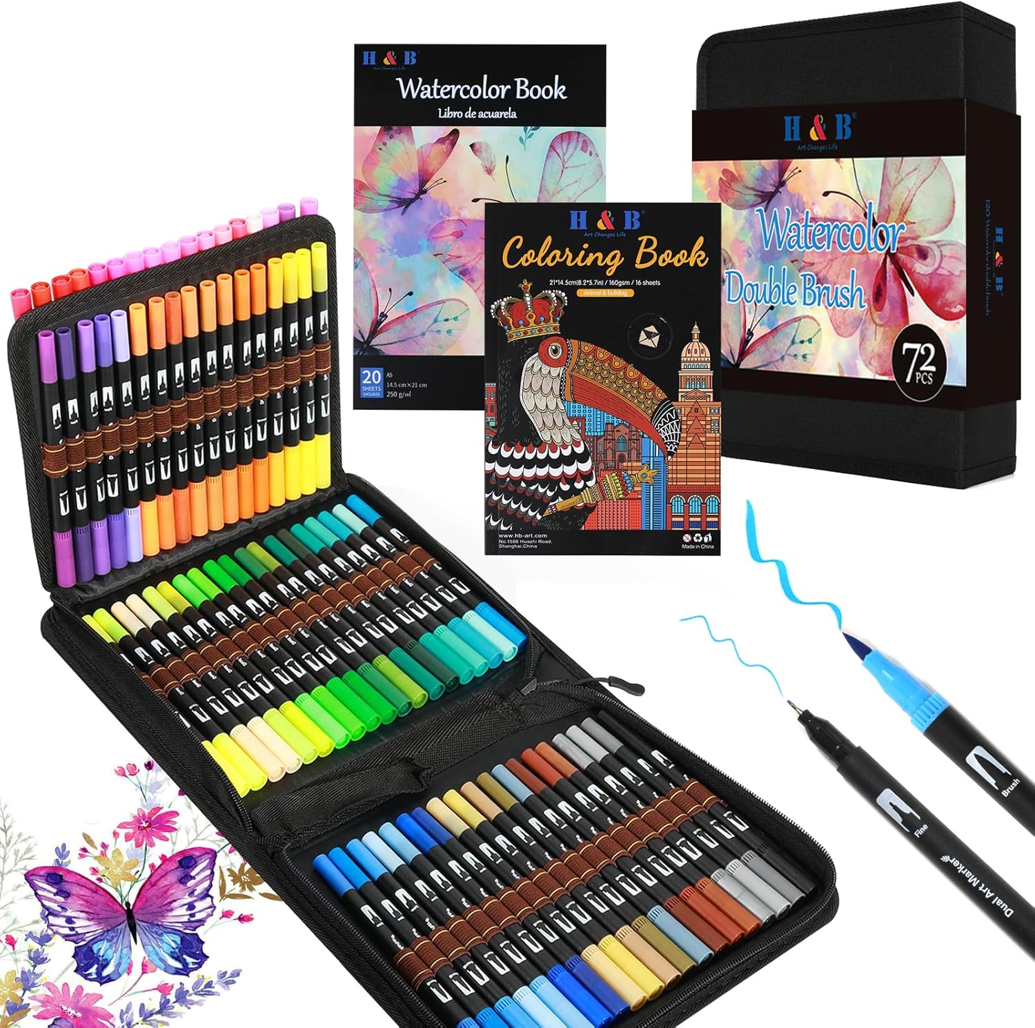 H & B Dual Tip Brush Pen Colored Pen,Fineliners Felt Tip Pen Set 72 Colors Colou...
