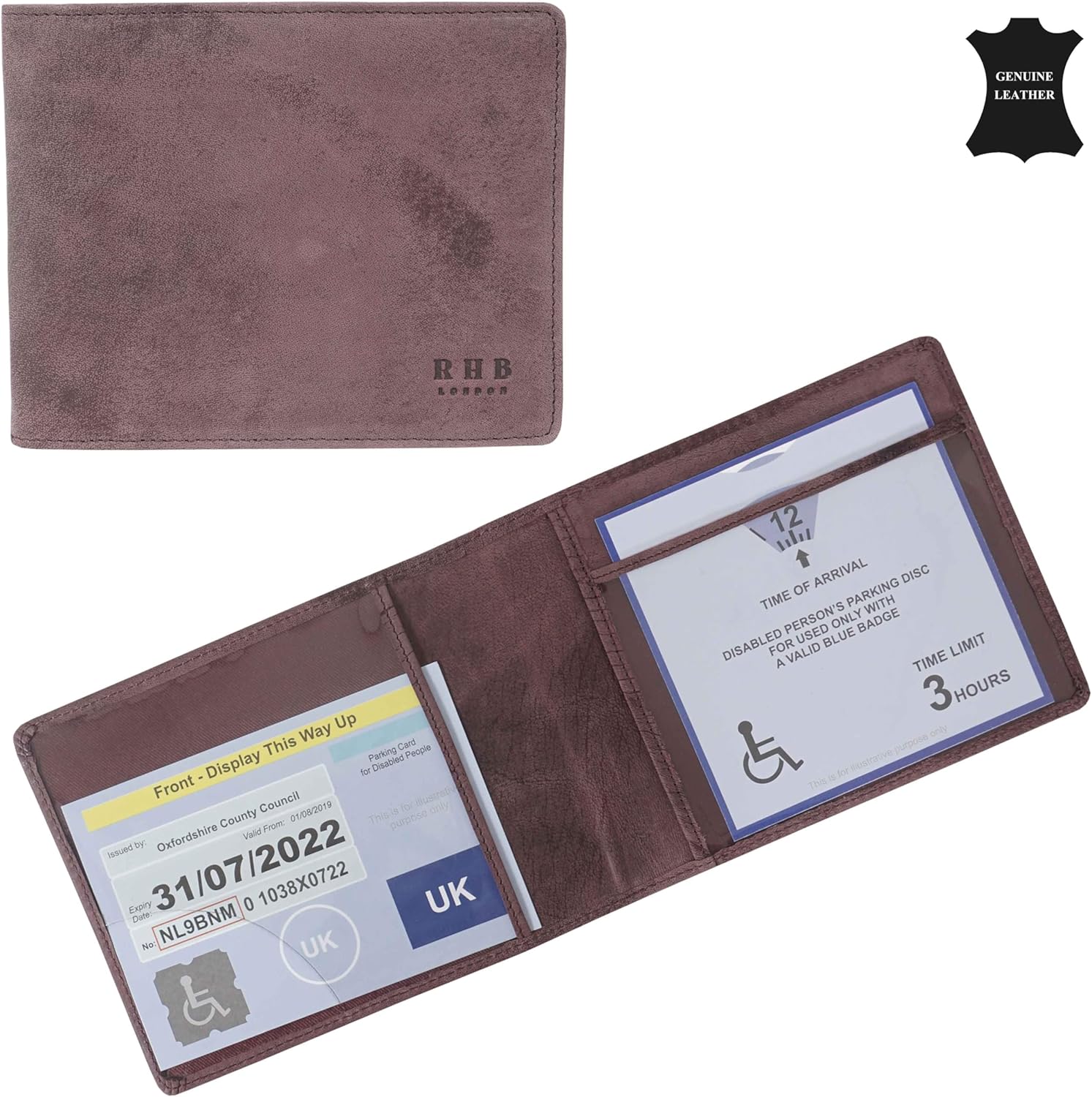 RHB Genuine Leather Disabled Blue Badge Holder with Timer Wallet – Secured Disab...