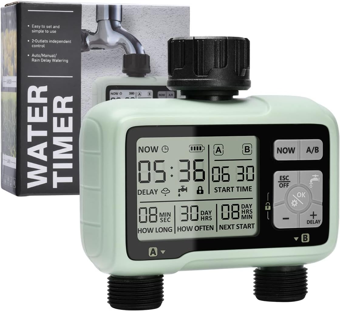 Johgee Sprinkler Timer 2 Zone, Water Timer for Garden Hose Faucet 2 Outlet, Prog...