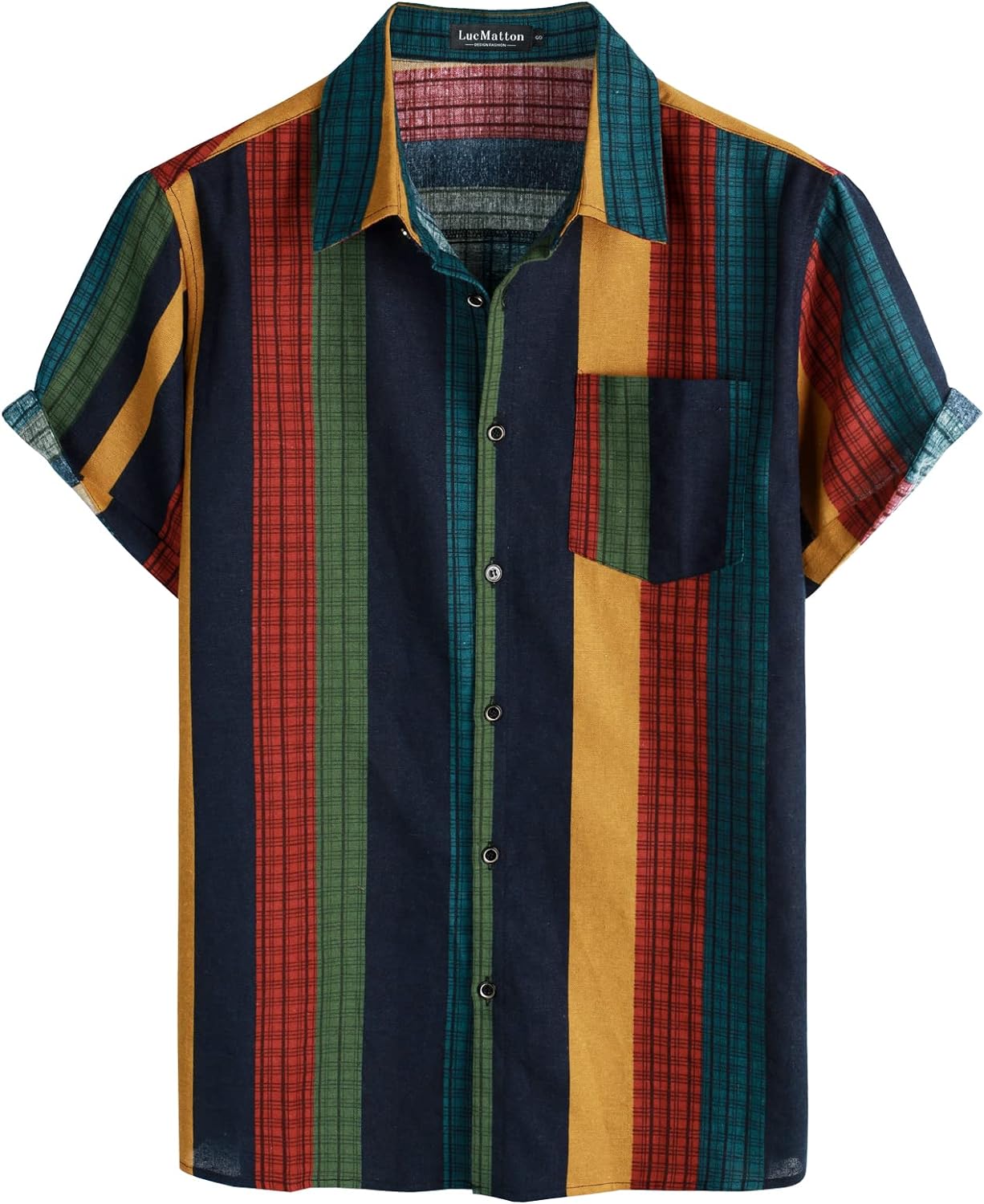 LucMatton Men's Cotton Linen Traditional Pattern Print Short Sleeve Button Down...