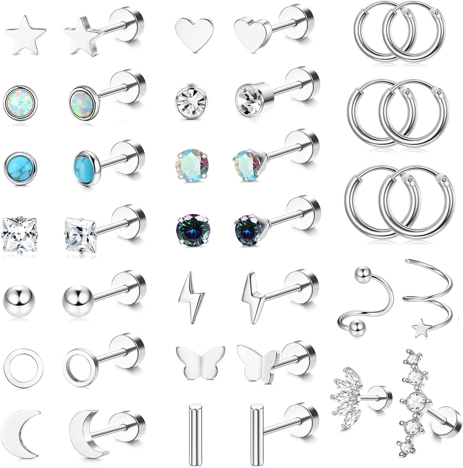 JeweBella 19Pairs Small Earrings Women Set Surgical Steel Cartilage Helix Earrin...