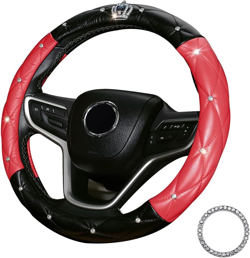 coofig Steering Wheel Covers with Bling Diamond,Universal Leather Anti-Slip Car...