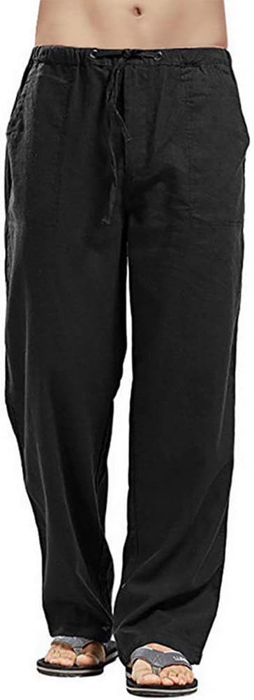 VANVENE Mens Linen Trousers Casual Loose Lightweight Elastic Waist Summer Yoga B...