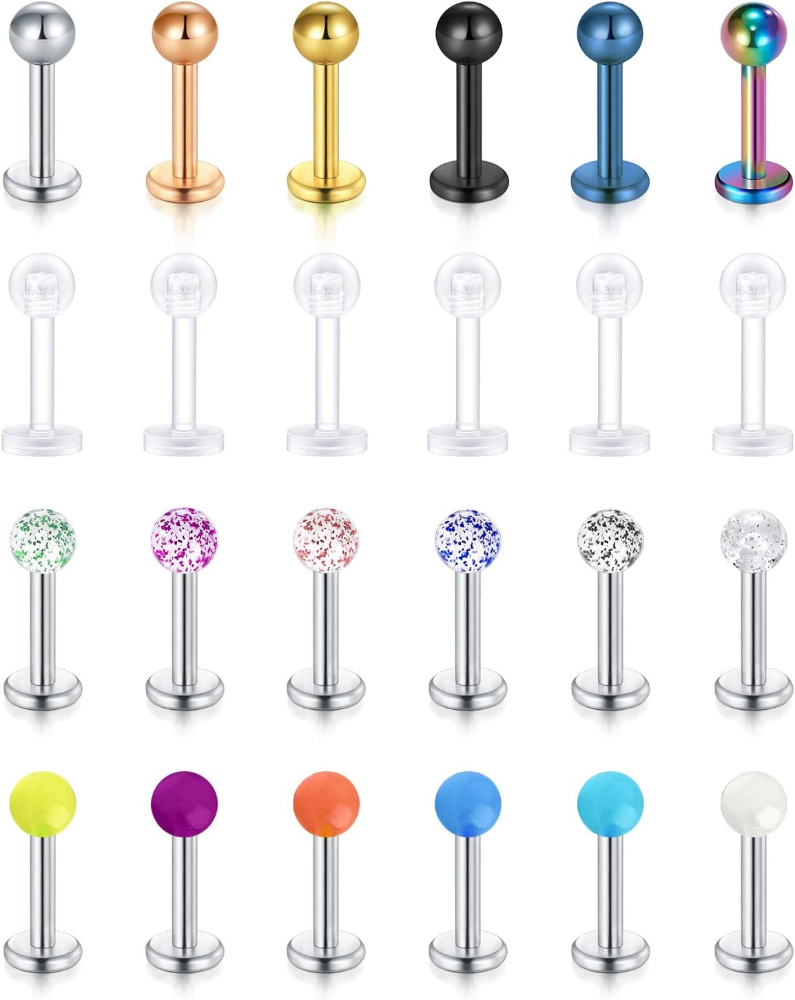 Rajnard 15-24Pcs 16G 6/8/10mm Tragus Helix Earrings Studs Lip Labret Studs Stain...
