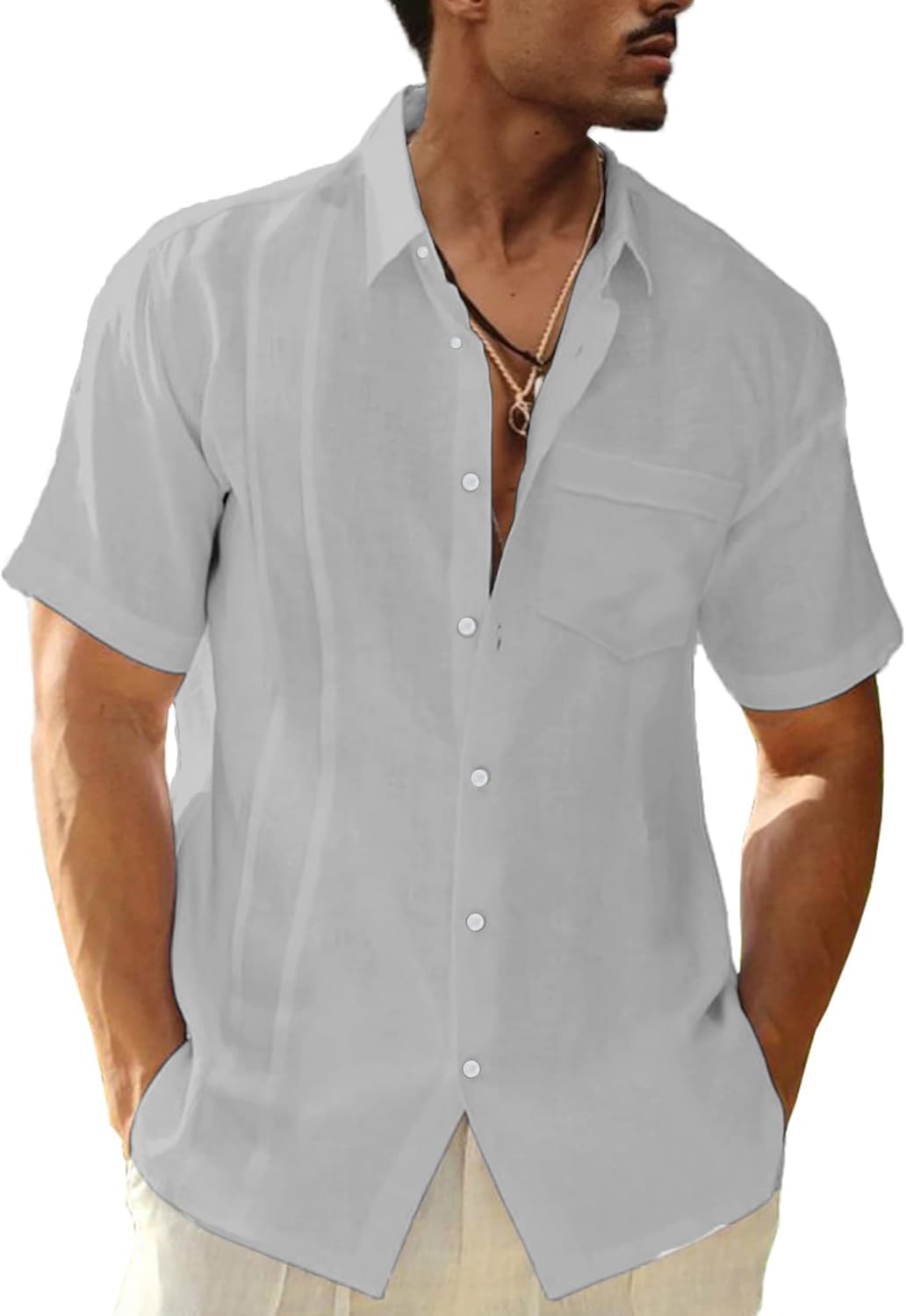 LVCBL Men's Linen Shirt Short Sleeve Summer Shirt Men Casual Shirt with Breast P...